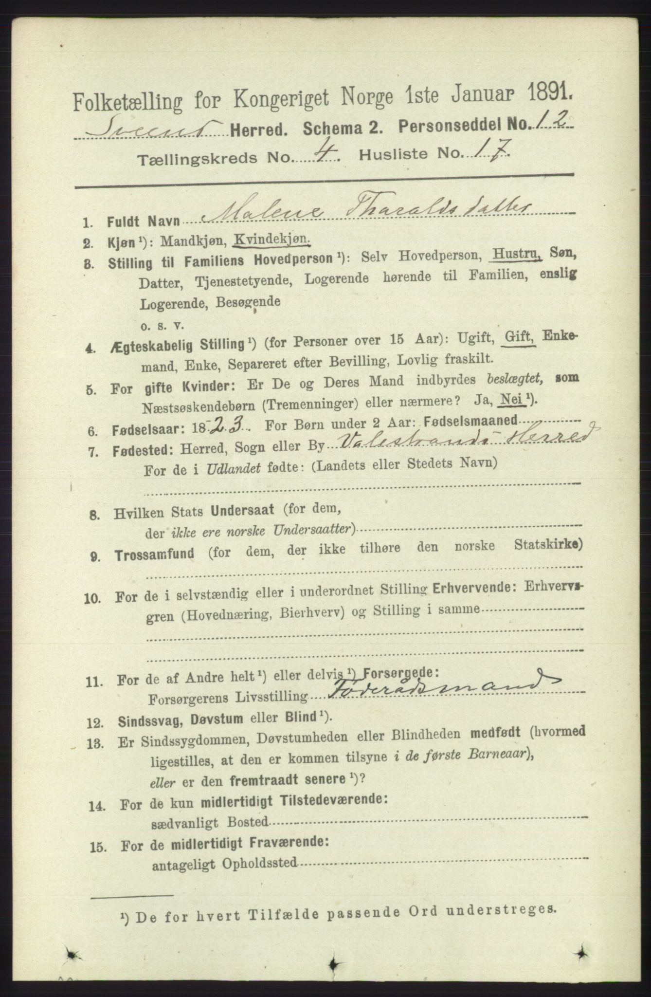 RA, 1891 census for 1216 Sveio, 1891, p. 1233