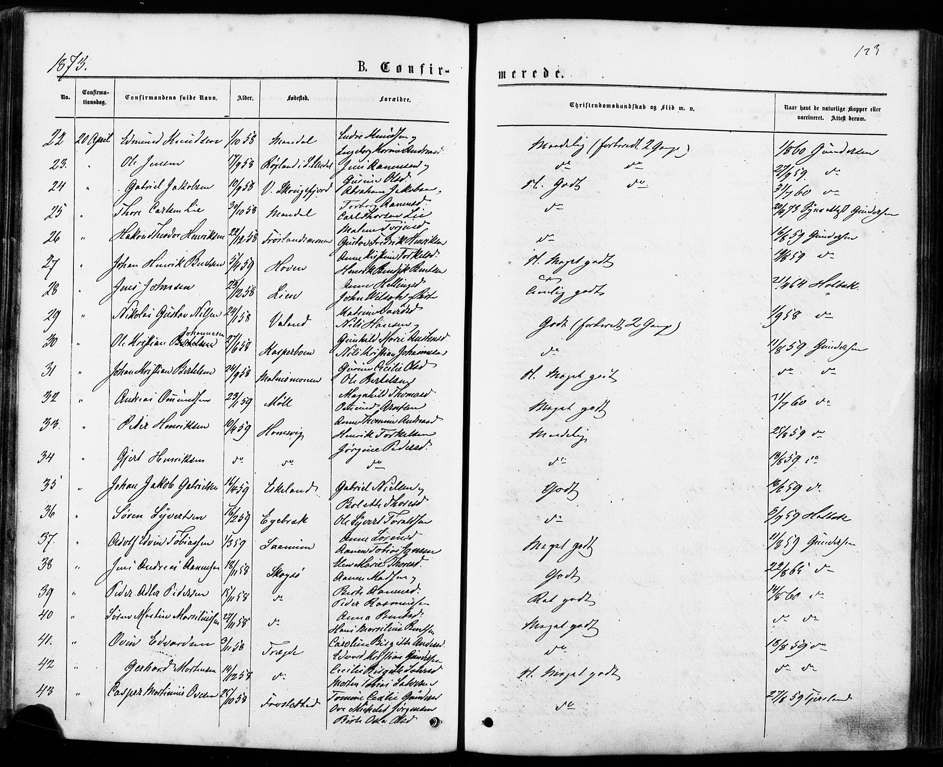 Mandal sokneprestkontor, SAK/1111-0030/F/Fa/Faa/L0015: Parish register (official) no. A 15, 1873-1879, p. 123