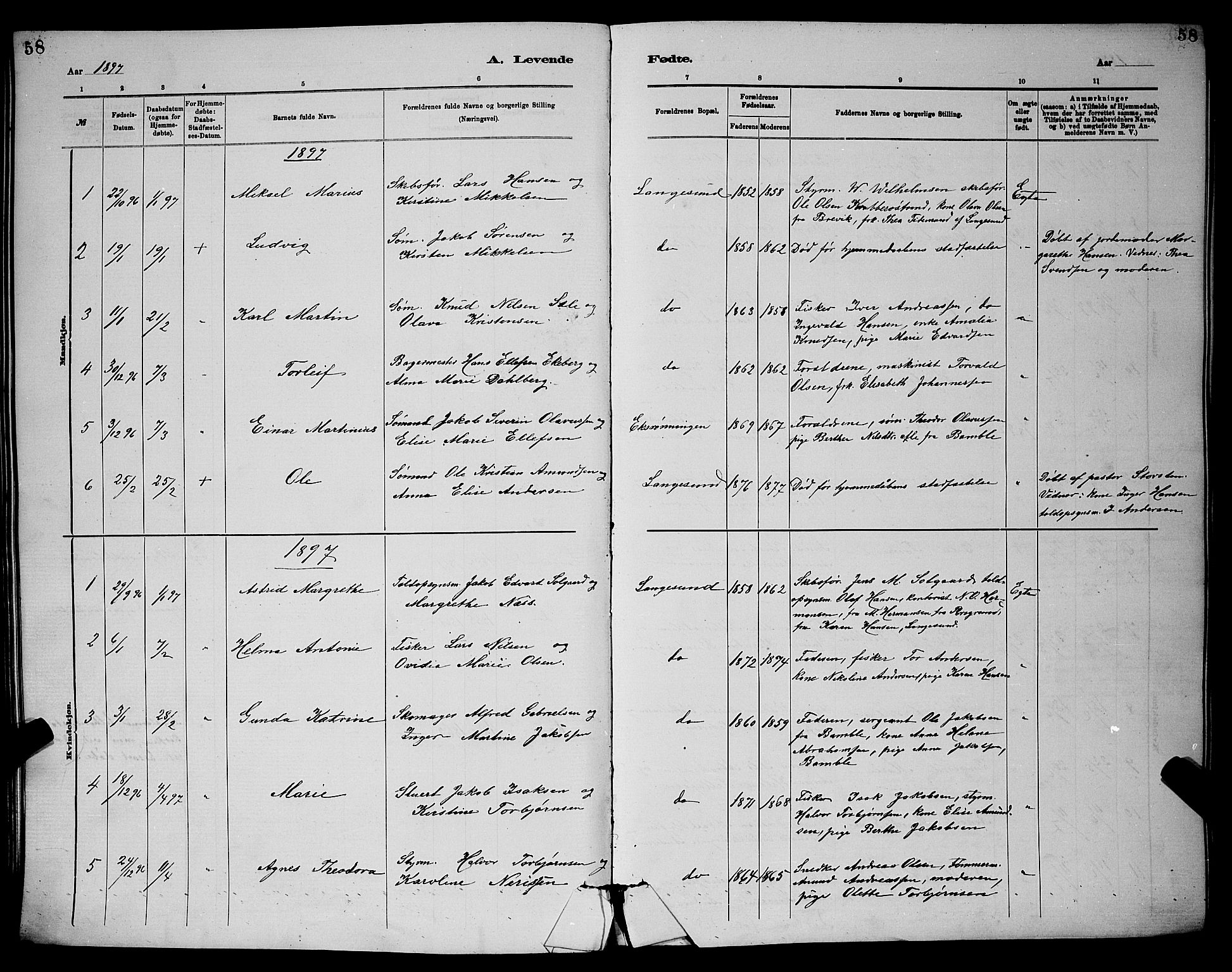 Langesund kirkebøker, SAKO/A-280/G/Ga/L0005: Parish register (copy) no. 5, 1884-1898, p. 58