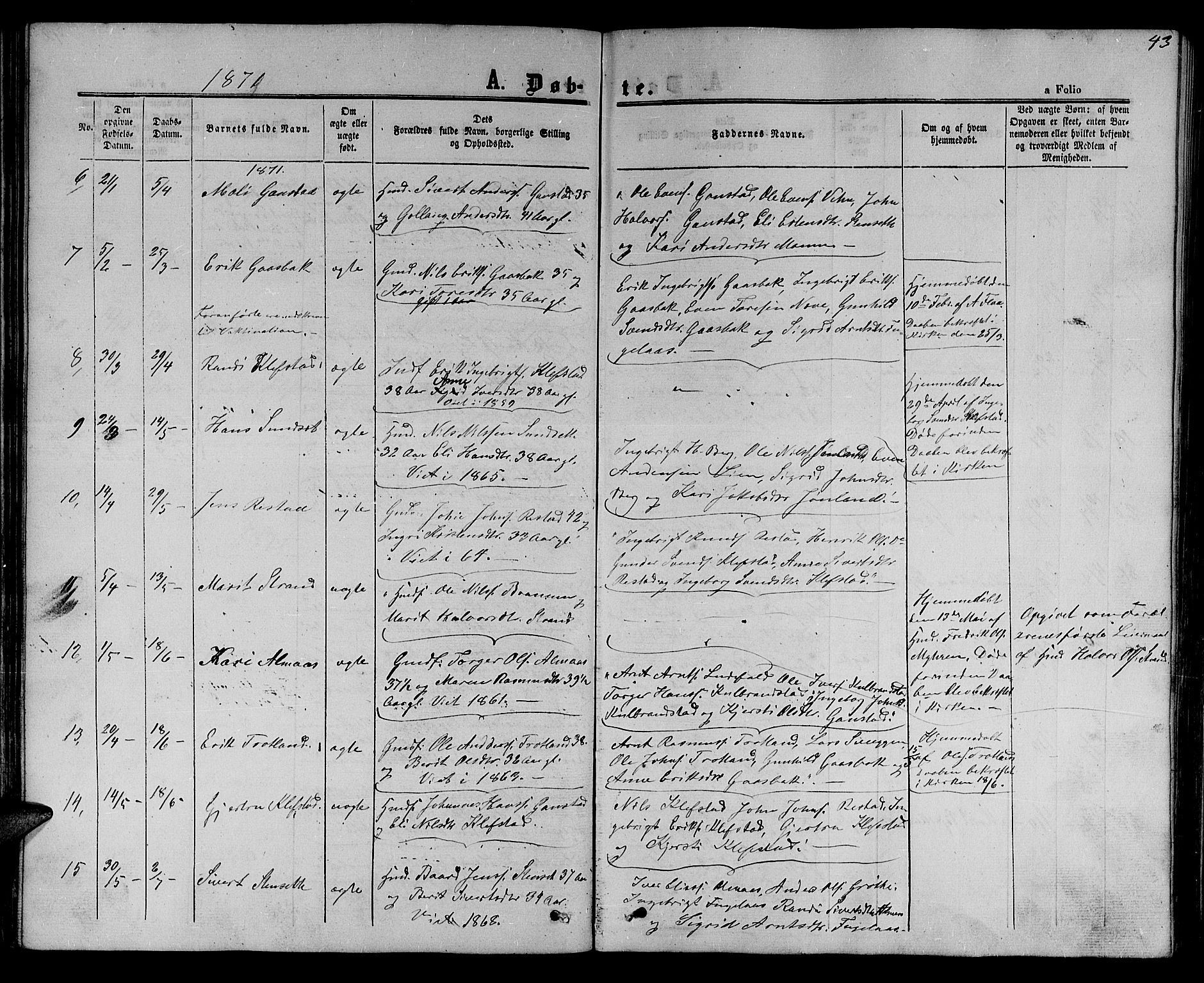 Ministerialprotokoller, klokkerbøker og fødselsregistre - Sør-Trøndelag, SAT/A-1456/694/L1131: Parish register (copy) no. 694C03, 1858-1886, p. 43