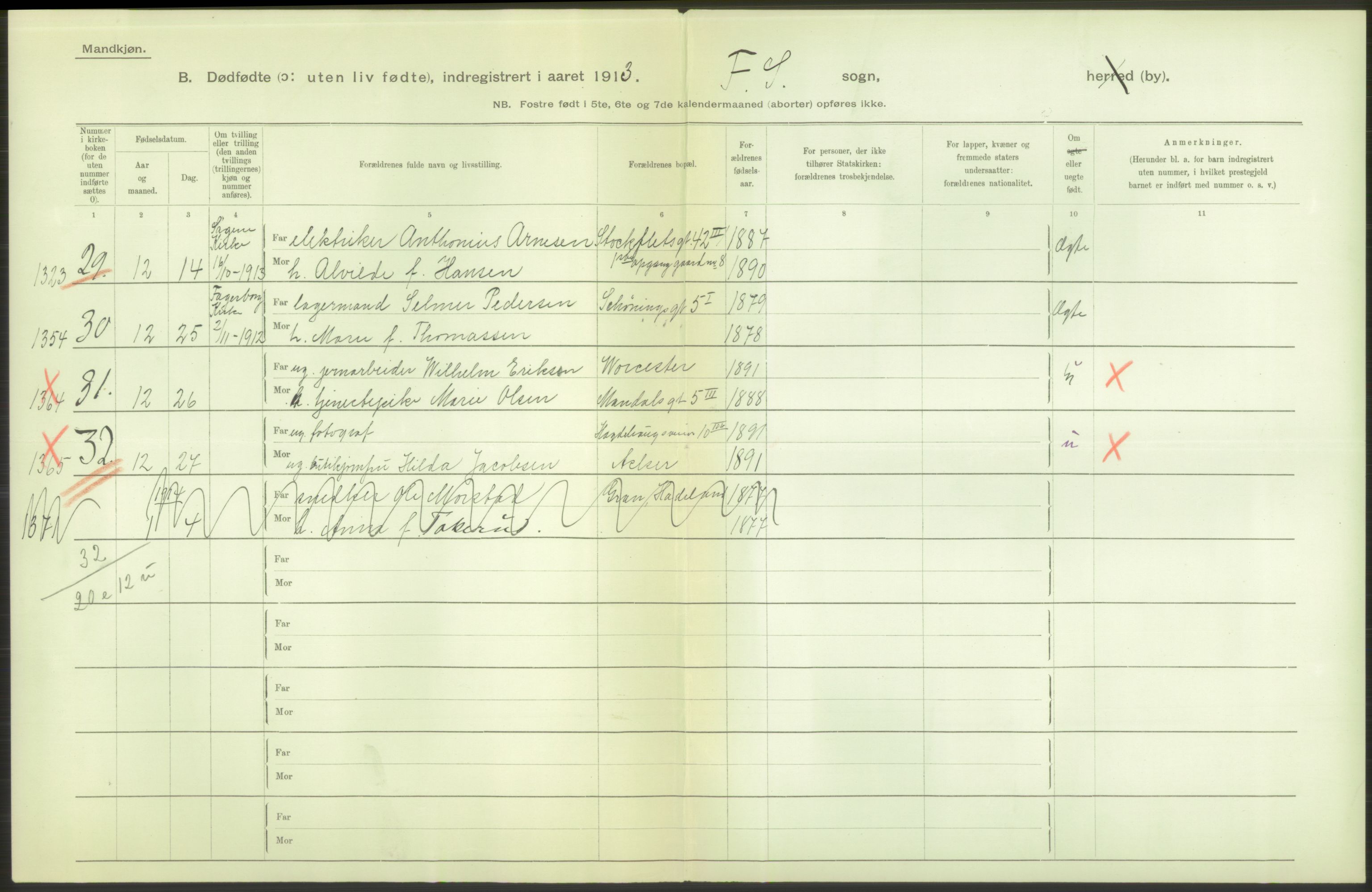Statistisk sentralbyrå, Sosiodemografiske emner, Befolkning, AV/RA-S-2228/D/Df/Dfb/Dfbc/L0010: Kristiania: Døde, dødfødte., 1913, p. 4