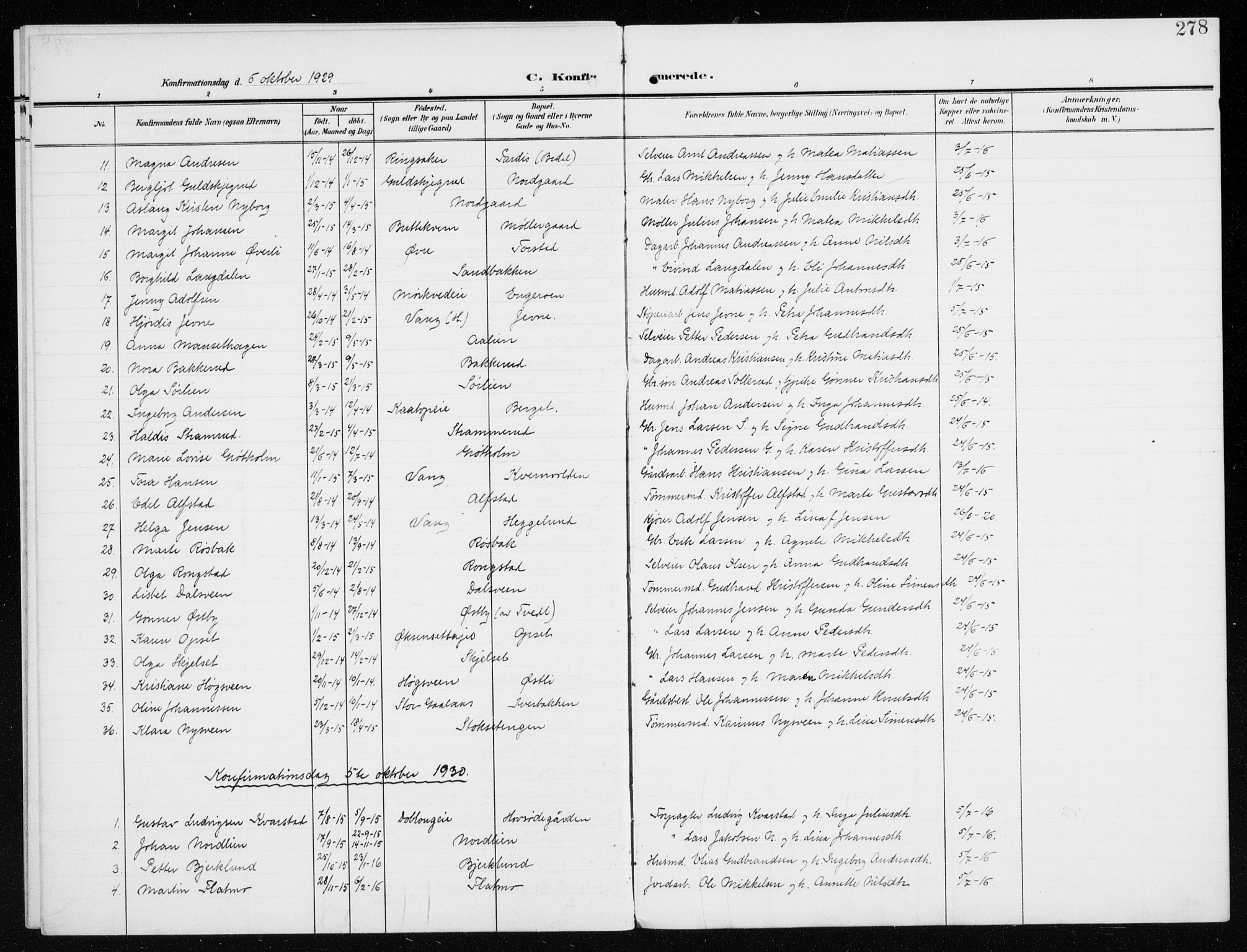 Furnes prestekontor, AV/SAH-PREST-012/K/Ka/L0001: Parish register (official) no. 1, 1907-1935, p. 278