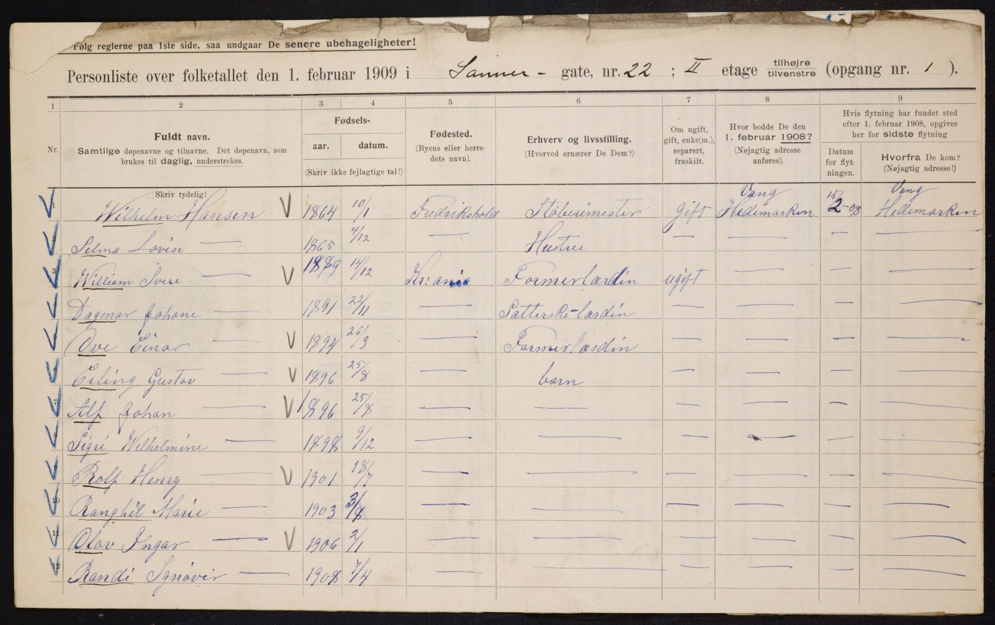 OBA, Municipal Census 1909 for Kristiania, 1909, p. 68224