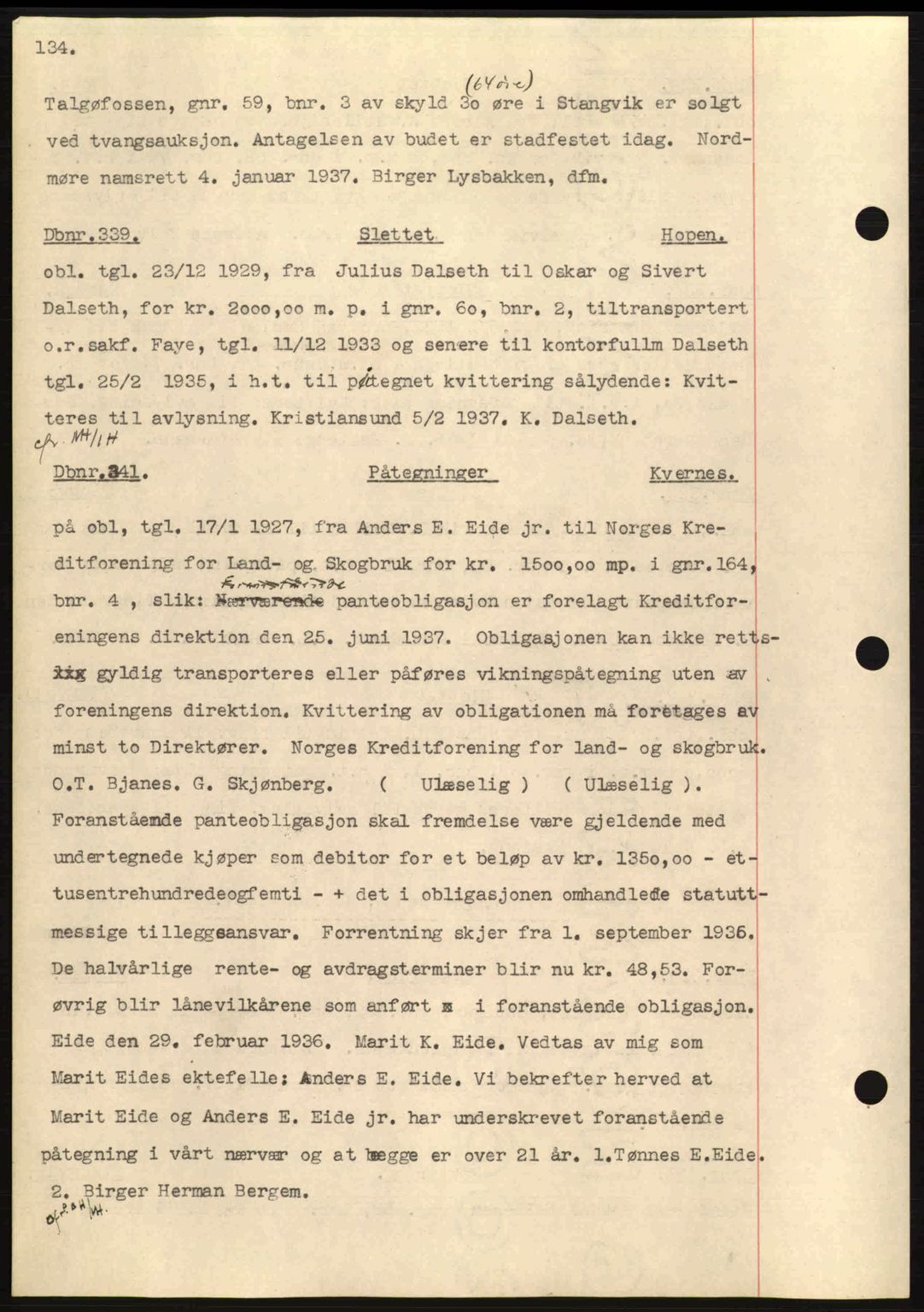 Nordmøre sorenskriveri, AV/SAT-A-4132/1/2/2Ca: Mortgage book no. C80, 1936-1939, Diary no: : 339/1937