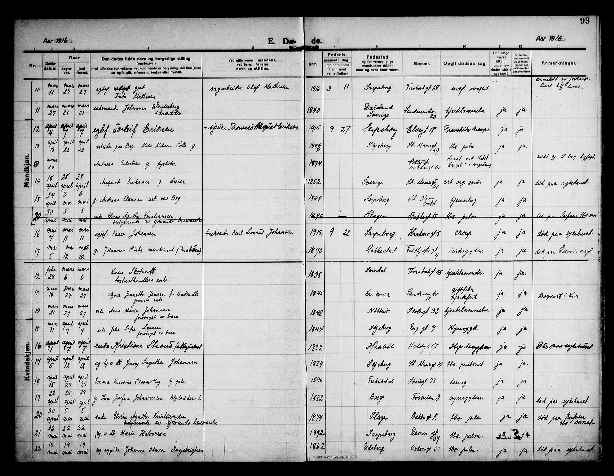 Sarpsborg prestekontor Kirkebøker, AV/SAO-A-2006/F/Fa/L0007: Parish register (official) no. 7, 1910-1918, p. 93