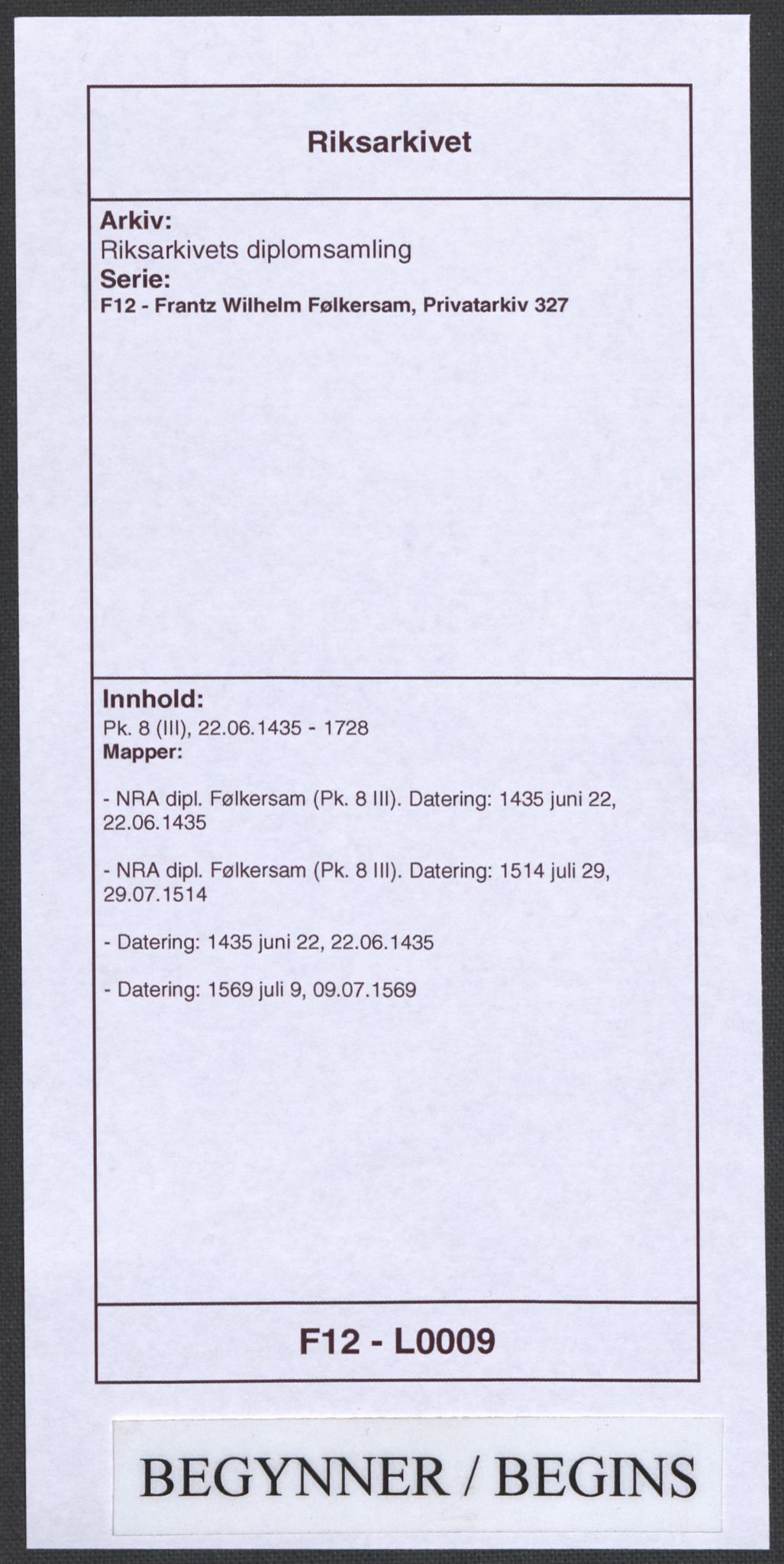 Riksarkivets diplomsamling, RA/EA-5965/F12/L0009: Pk. 8 (III), 1435-1728, p. 1