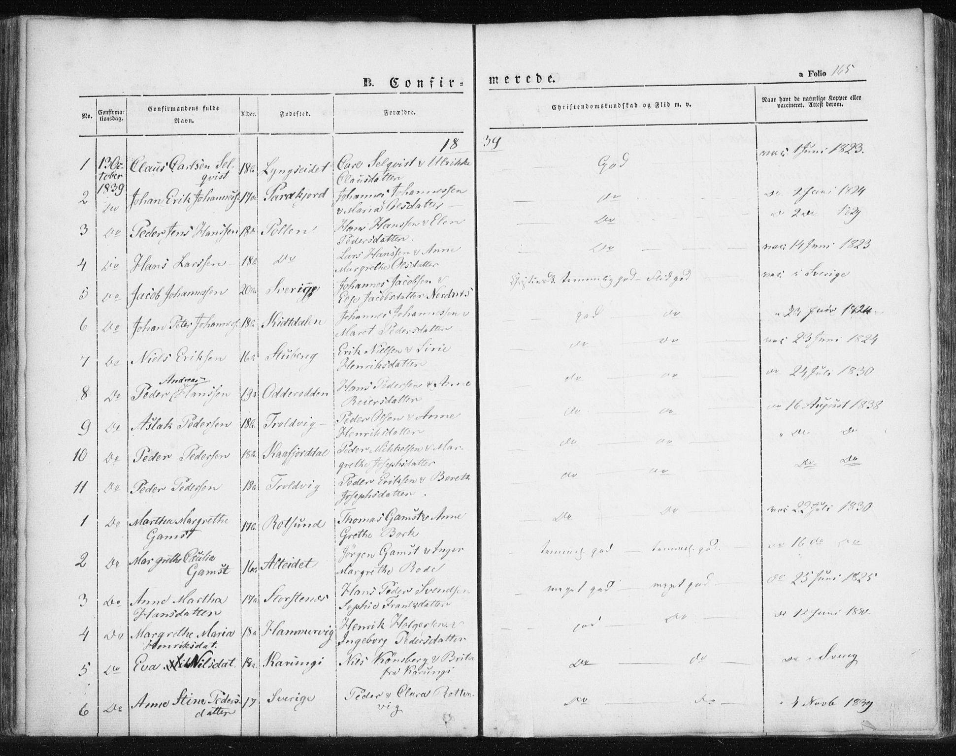 Lyngen sokneprestembete, SATØ/S-1289/H/He/Hea/L0004kirke: Parish register (official) no. 4, 1839-1858, p. 165