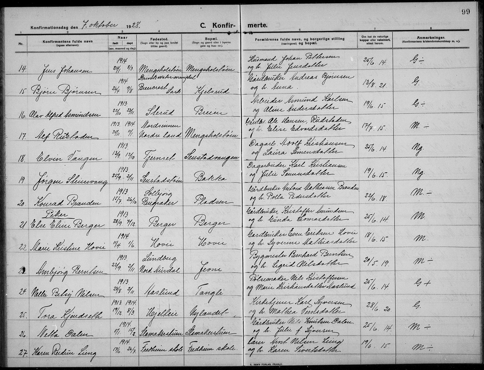 Nes prestekontor, Hedmark, AV/SAH-PREST-020/L/La/L0009: Parish register (copy) no. 9, 1913-1936, p. 99