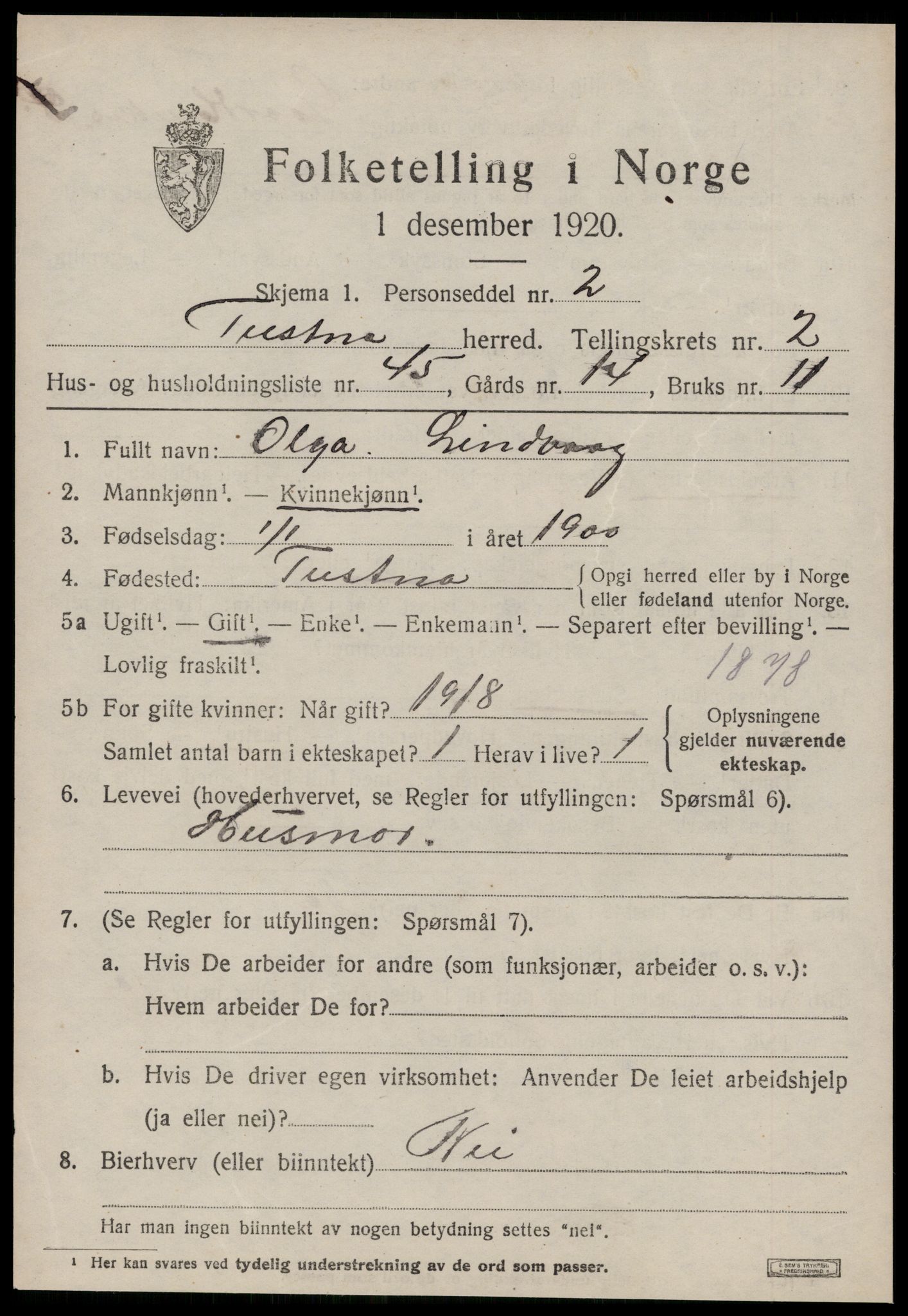 SAT, 1920 census for Tustna, 1920, p. 1449