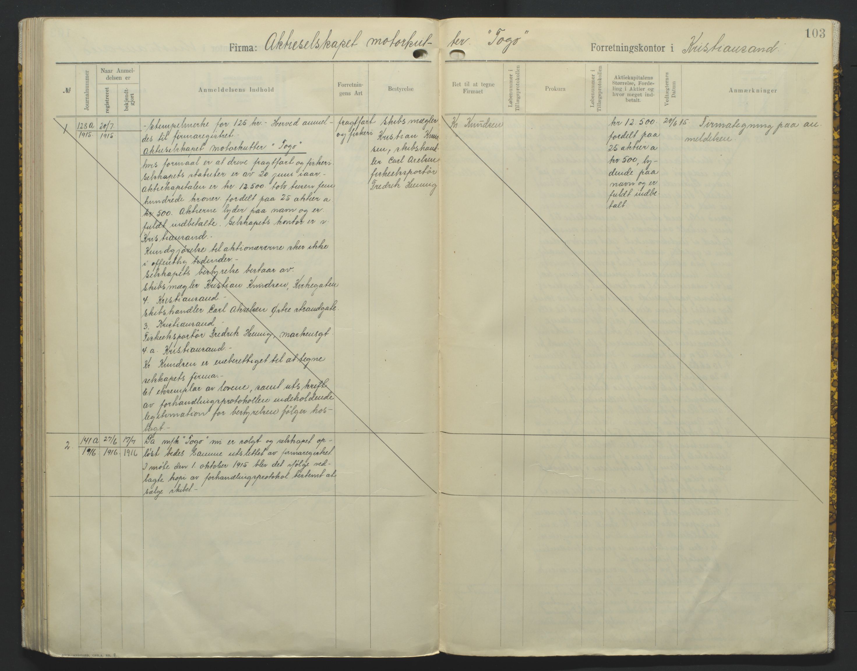 Kristiansand byrett, AV/SAK-1223-0001/K/Kb/L0010: Handelsregister B III, 1907-1915, p. 103