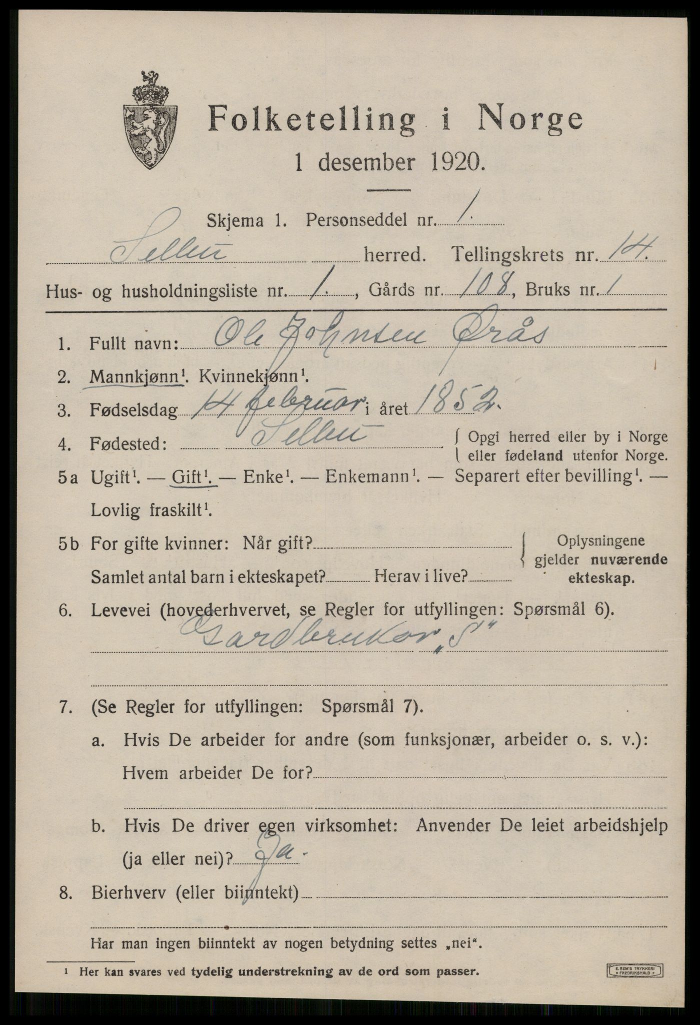 SAT, 1920 census for Selbu, 1920, p. 7448