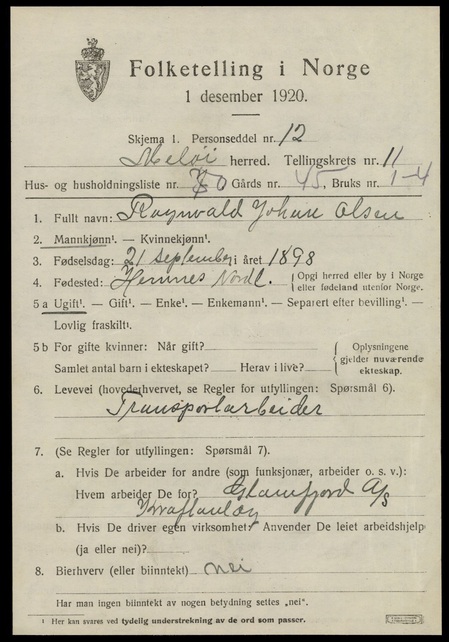 SAT, 1920 census for Meløy, 1920, p. 6647