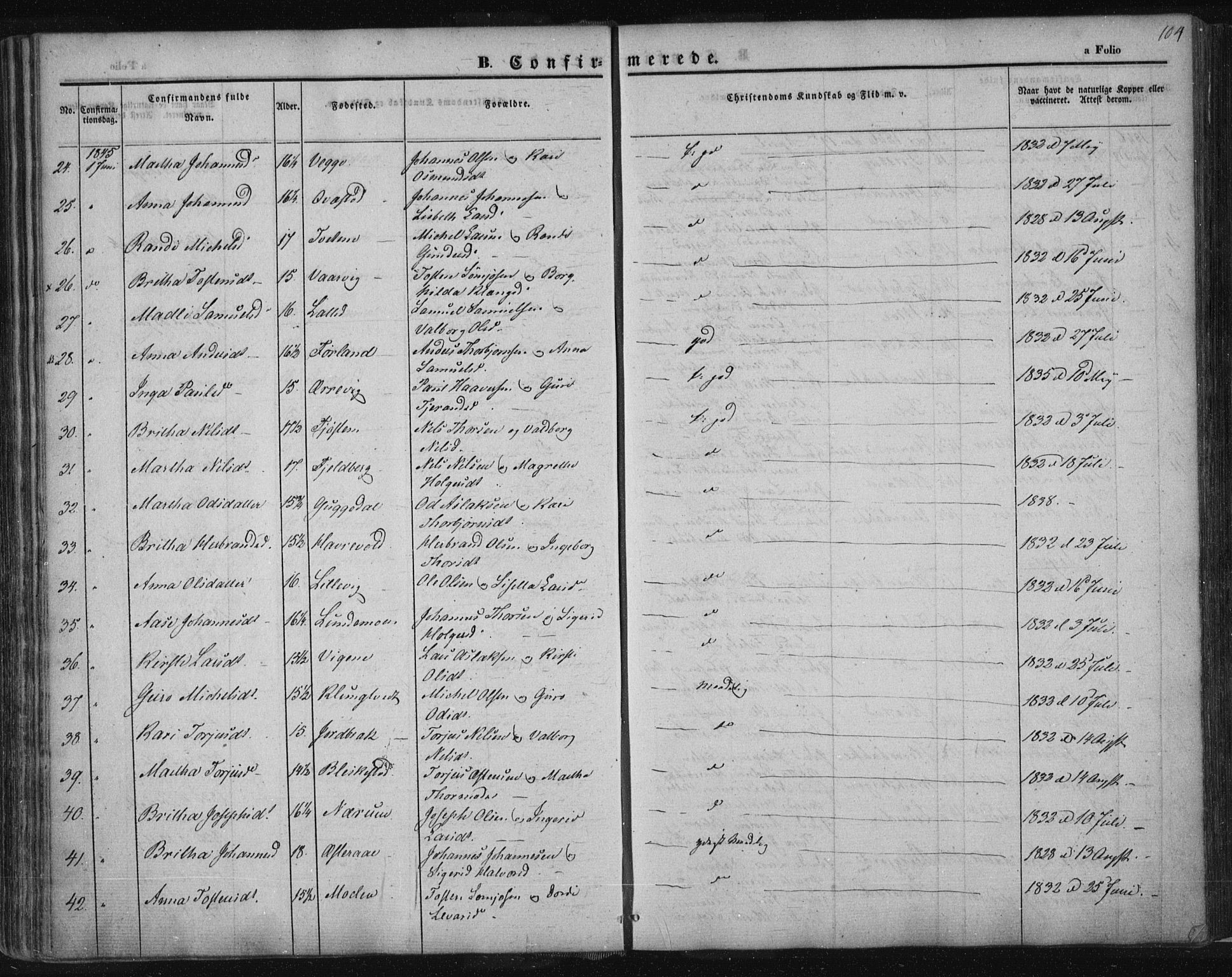 Suldal sokneprestkontor, SAST/A-101845/01/IV/L0008: Parish register (official) no. A 8, 1836-1853, p. 104