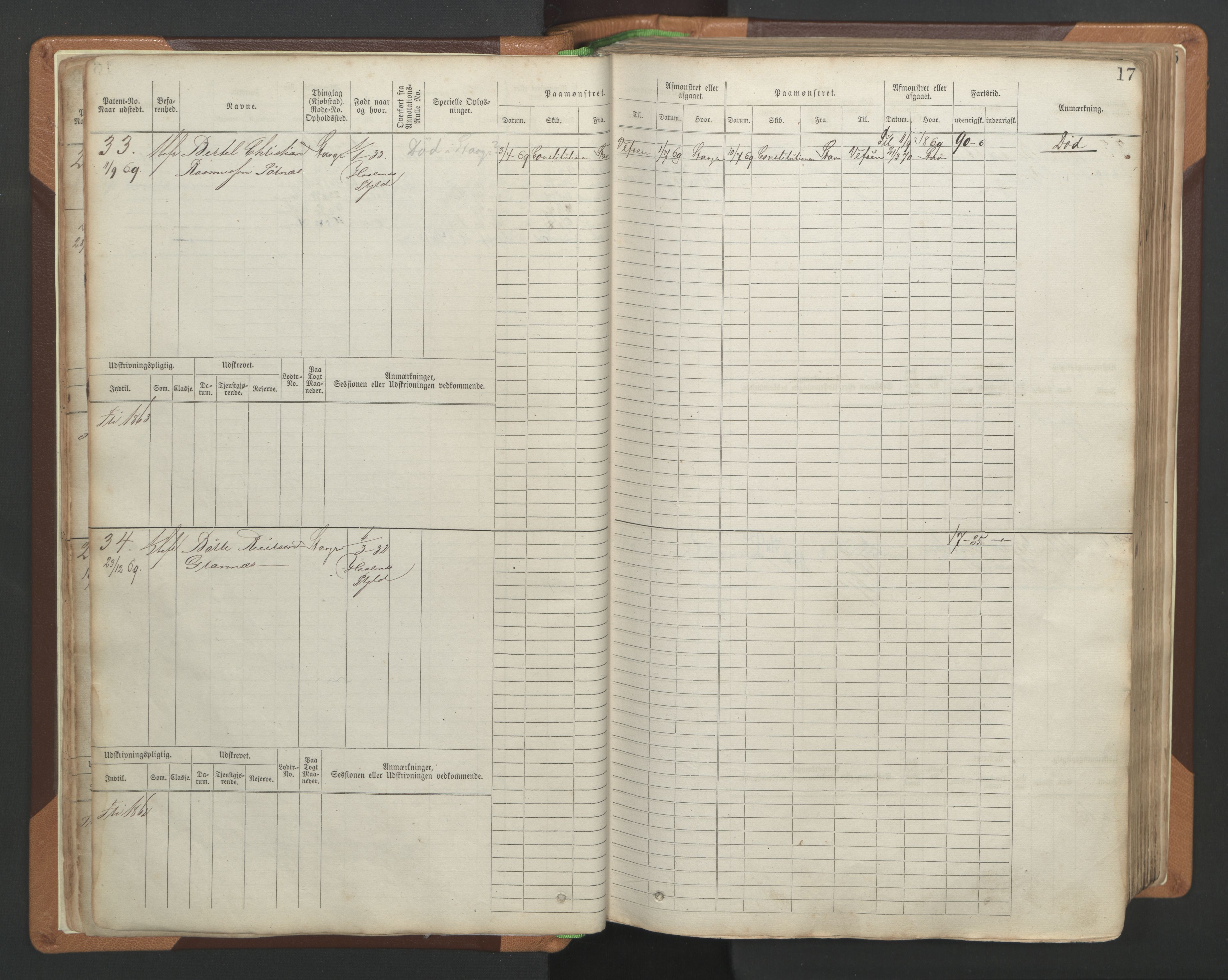 Stavanger sjømannskontor, AV/SAST-A-102006/F/Fb/Fbb/L0004: Sjøfartshovedrulle, patentnr. 1-792 (del 1), 1869-1880, p. 21