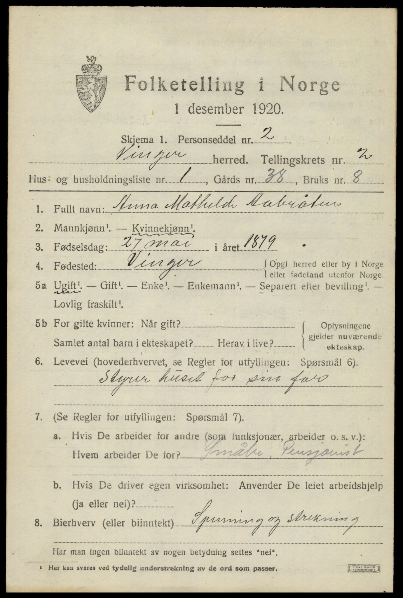 SAH, 1920 census for Vinger, 1920, p. 3968