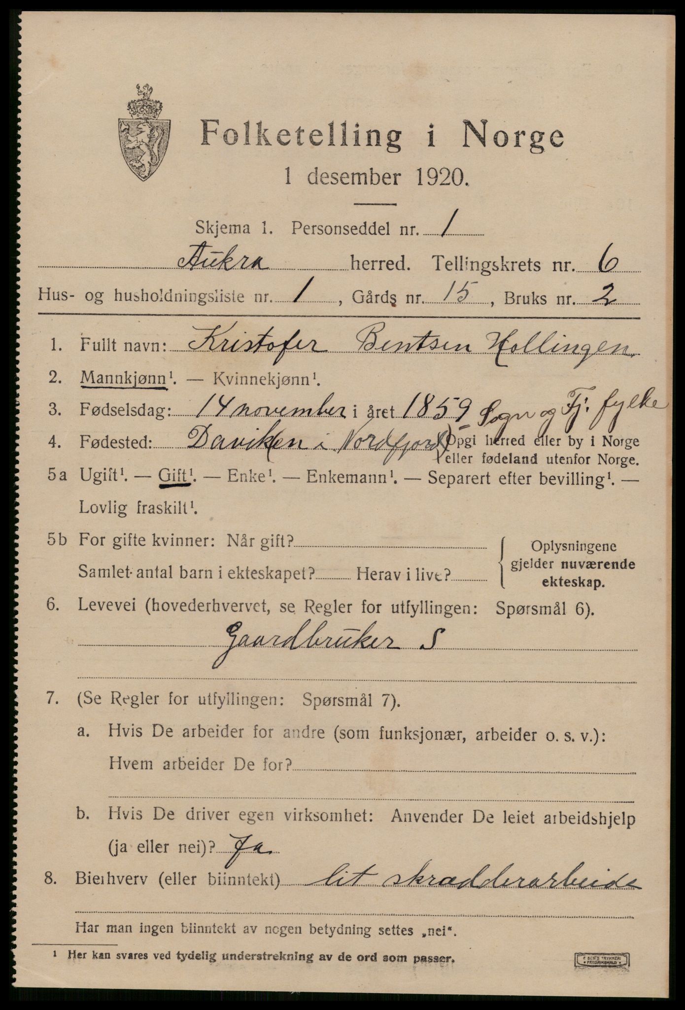 SAT, 1920 census for Aukra, 1920, p. 3943