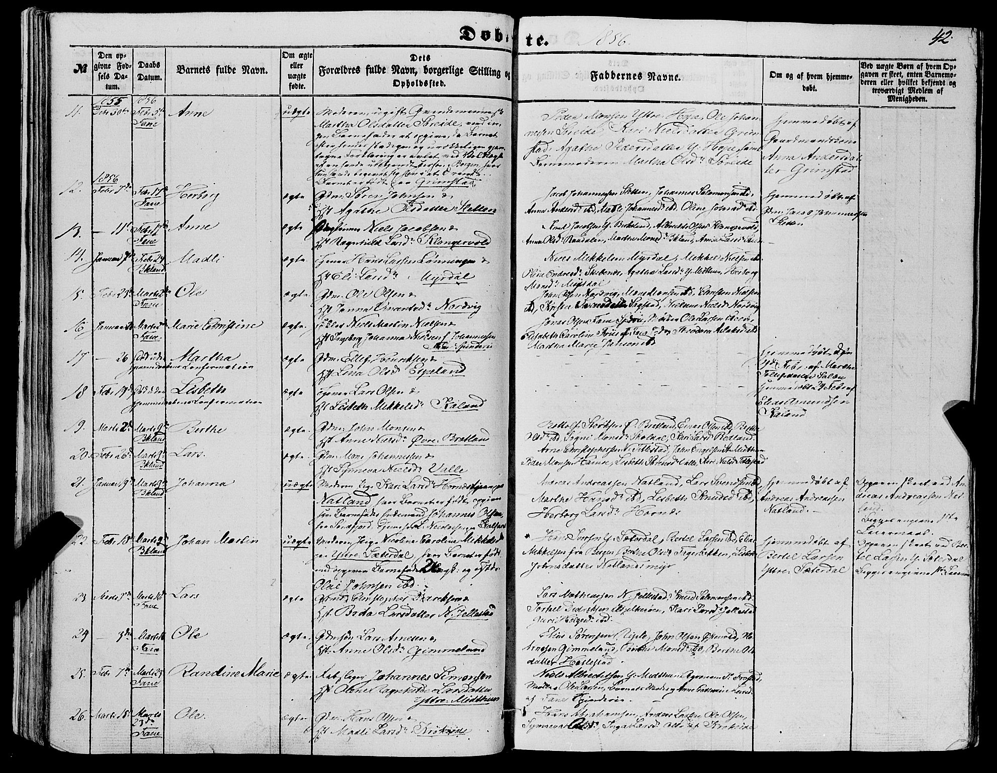 Fana Sokneprestembete, AV/SAB-A-75101/H/Haa/Haaa/L0011: Parish register (official) no. A 11, 1851-1862, p. 42