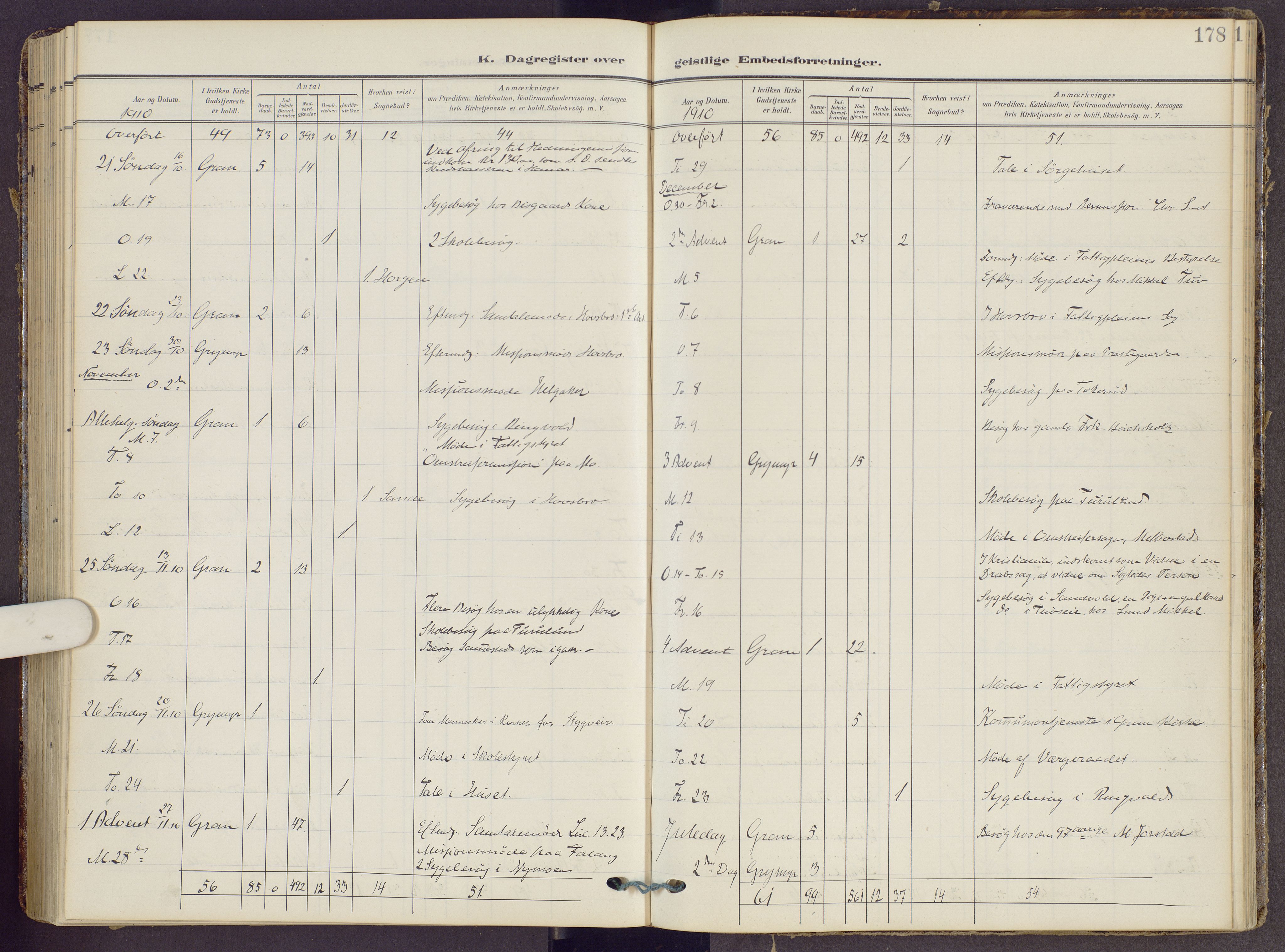 Gran prestekontor, AV/SAH-PREST-112/H/Ha/Haa/L0022: Parish register (official) no. 22, 1908-1918, p. 178