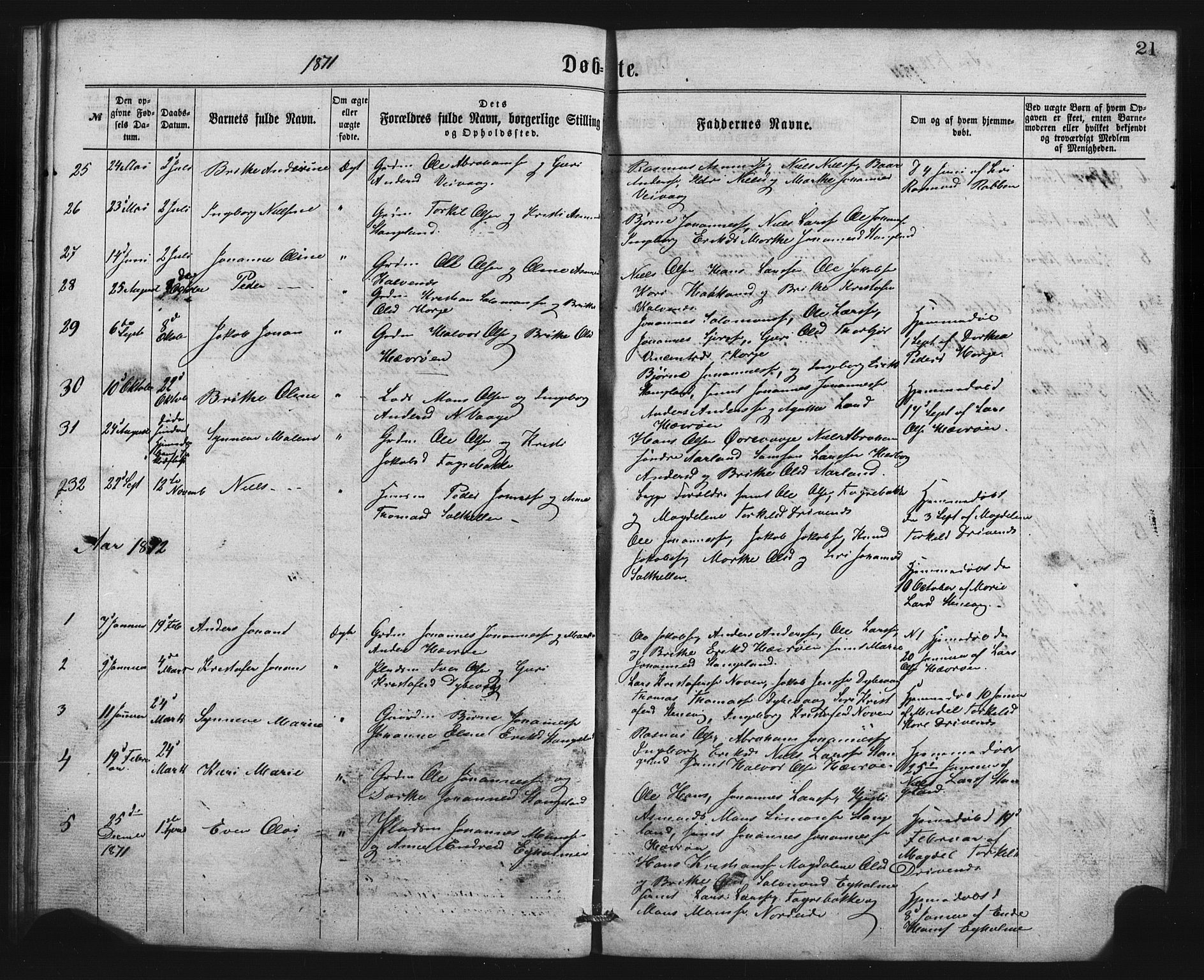 Austevoll Sokneprestembete, SAB/A-74201/H/Hab: Parish register (copy) no. B 2, 1865-1878, p. 21