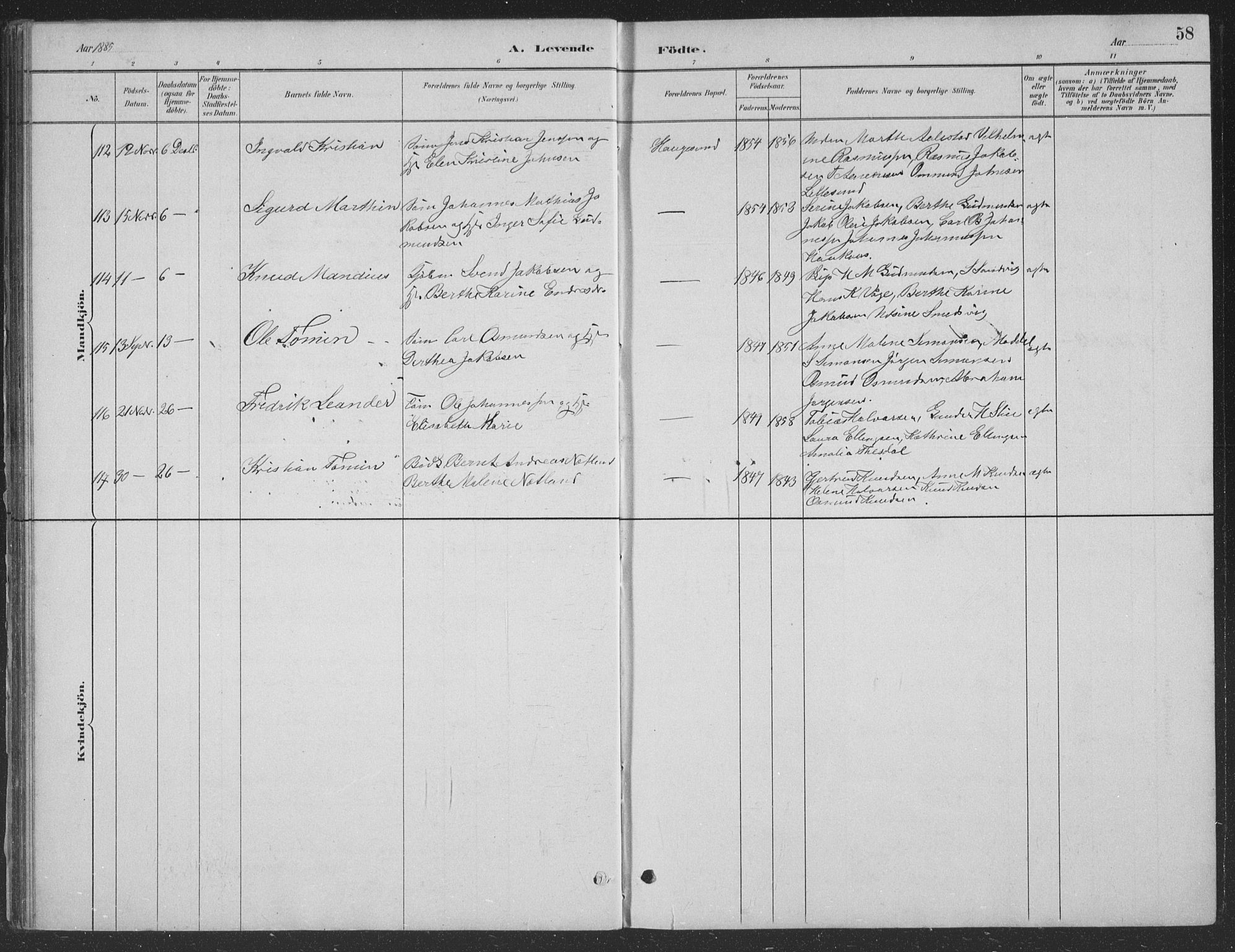 Haugesund sokneprestkontor, AV/SAST-A -101863/H/Ha/Hab/L0002: Parish register (copy) no. B 2, 1881-1894, p. 58