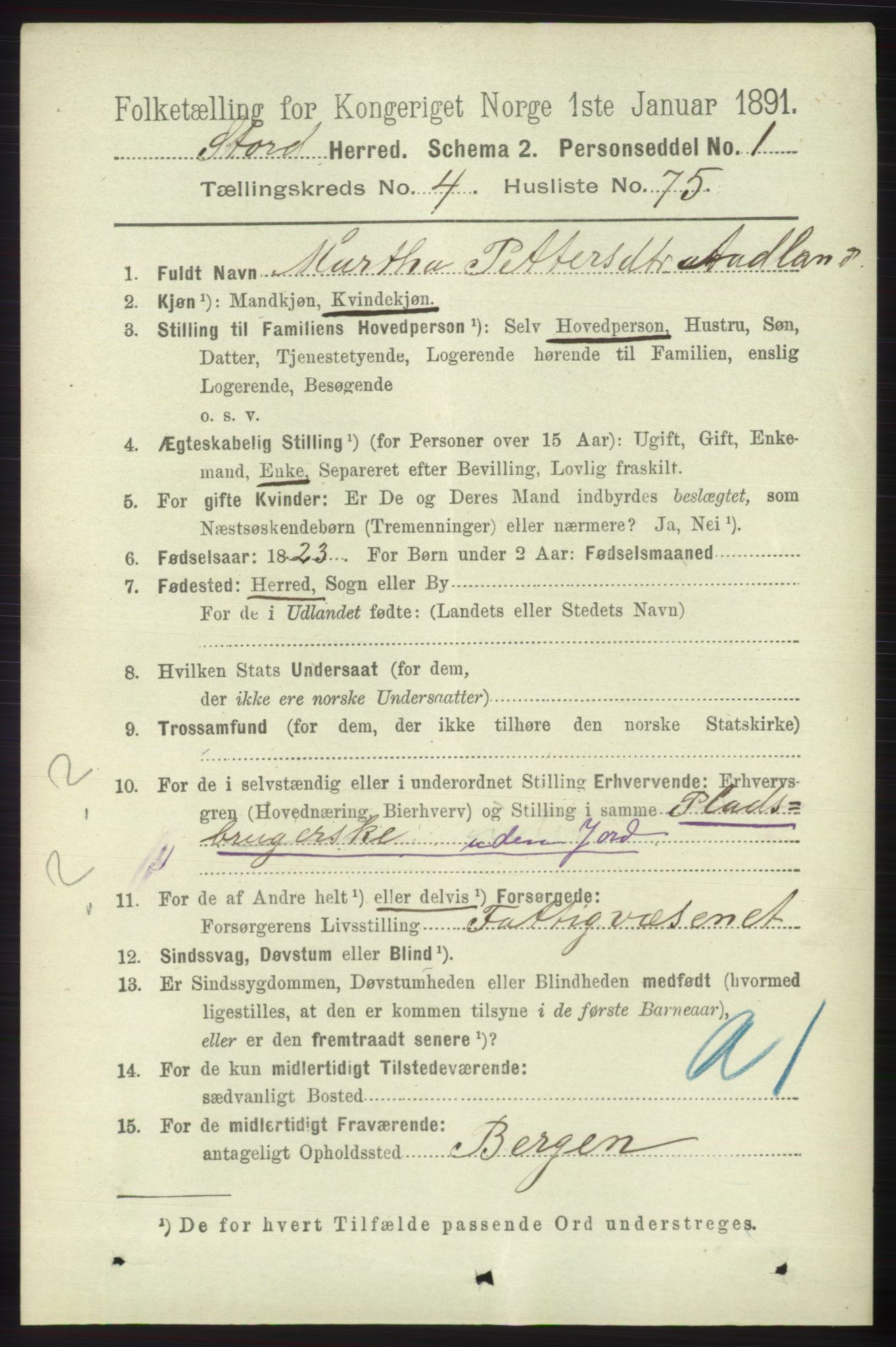 RA, 1891 census for 1221 Stord, 1891, p. 1579