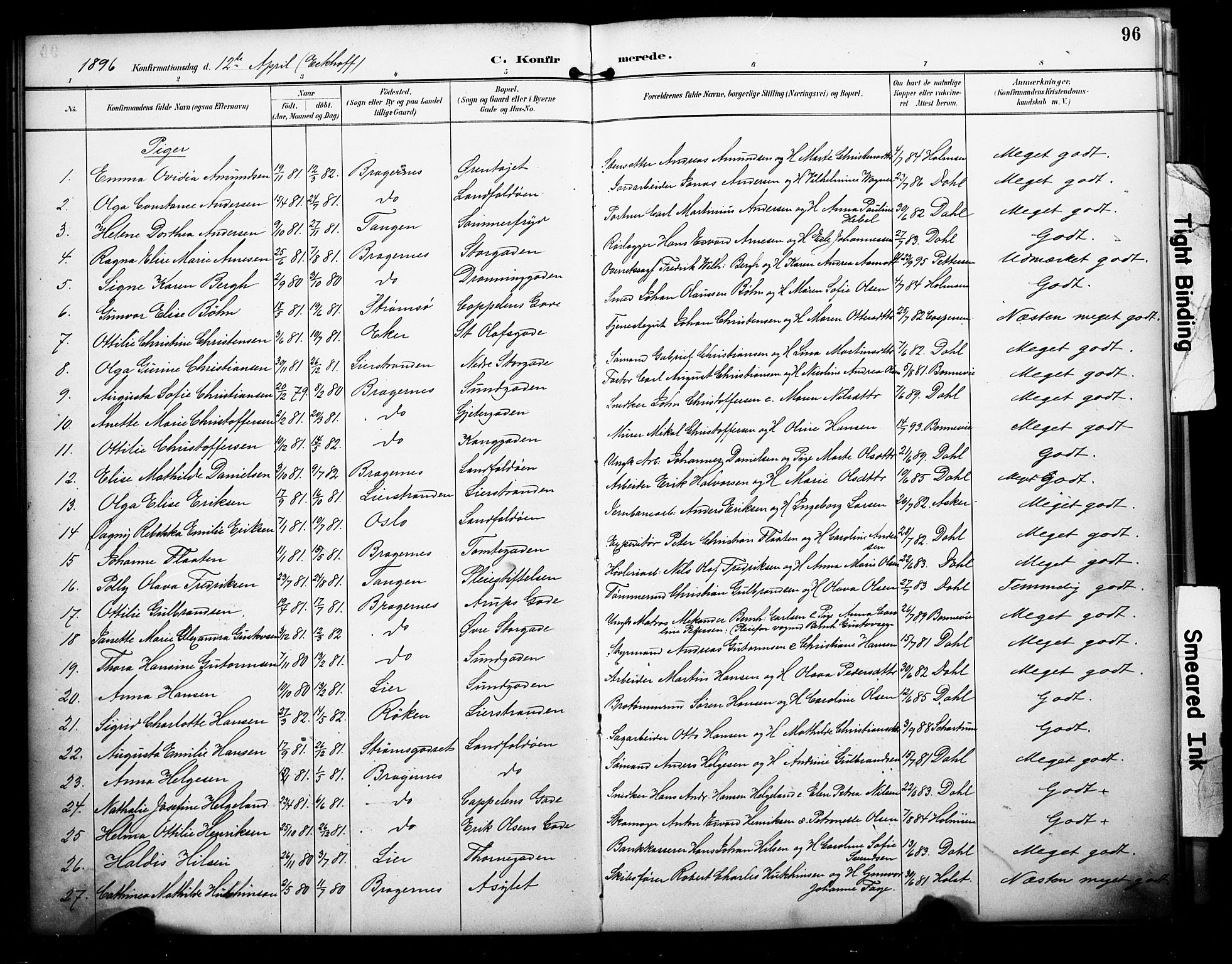 Bragernes kirkebøker, AV/SAKO-A-6/F/Fc/L0006: Parish register (official) no. III 6, 1888-1899, p. 96