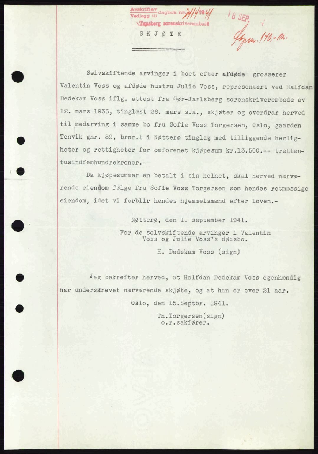 Tønsberg sorenskriveri, AV/SAKO-A-130/G/Ga/Gaa/L0010: Mortgage book no. A10, 1941-1941, Diary no: : 2414/1941