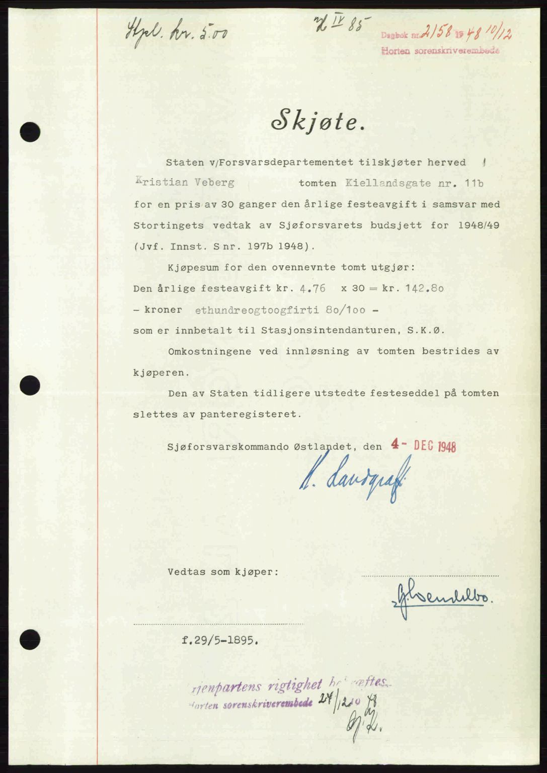 Horten sorenskriveri, AV/SAKO-A-133/G/Ga/Gaa/L0011: Mortgage book no. A-11, 1948-1948, Diary no: : 2158/1948