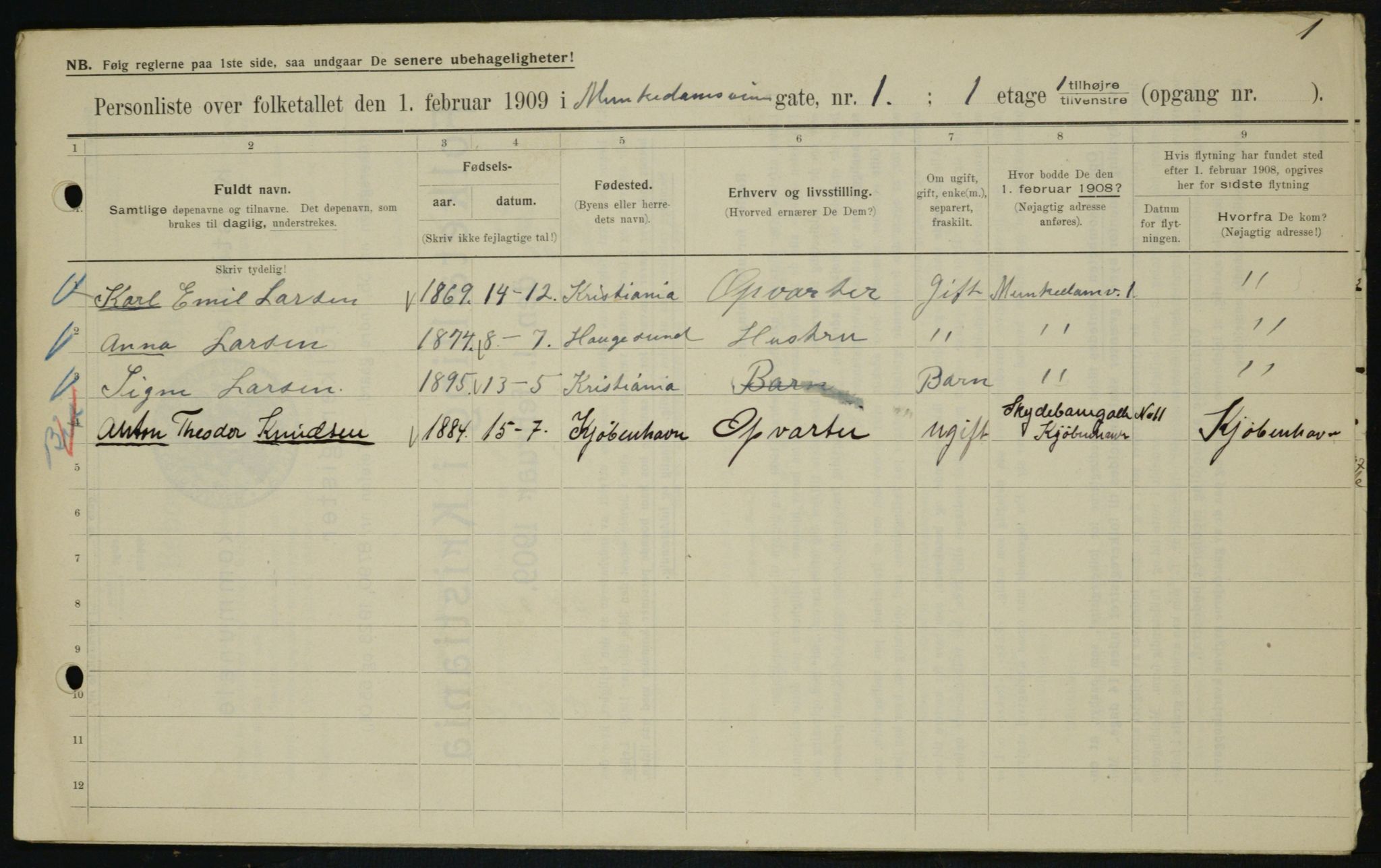 OBA, Municipal Census 1909 for Kristiania, 1909, p. 60394