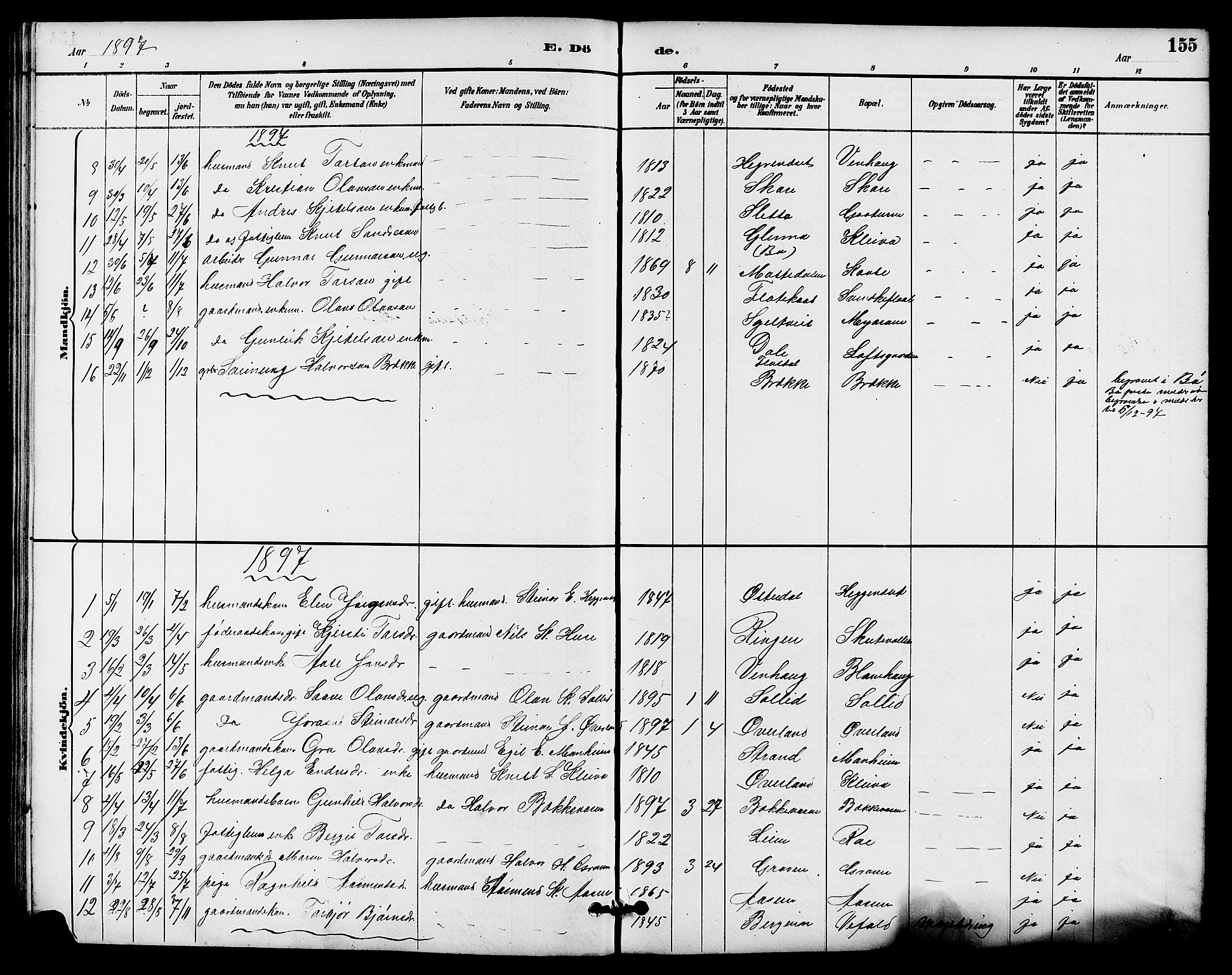Seljord kirkebøker, SAKO/A-20/G/Ga/L0005: Parish register (copy) no. I 5, 1887-1914, p. 155