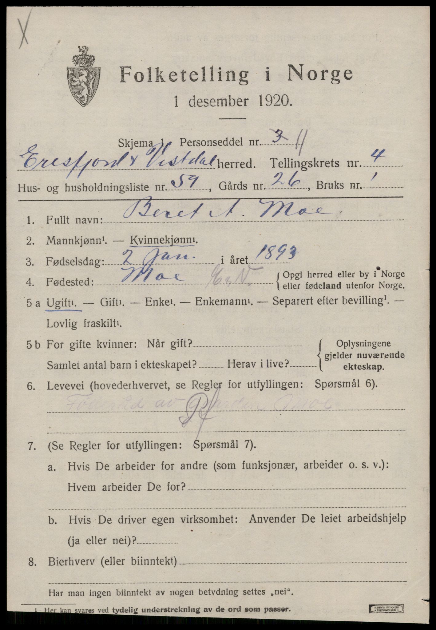 SAT, 1920 census for Eresfjord og Vistdal, 1920, p. 2513