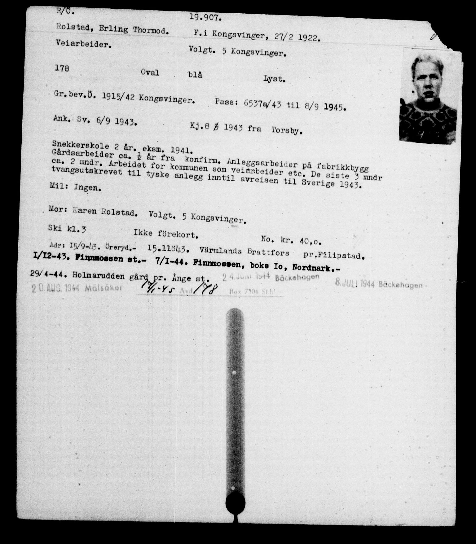 Utenriksstasjonene, Legasjonen i Stockholm, Flyktningkontoret, AV/RA-S-6753/V/Va/L0009: Kjesäterkartoteket, flyktninger med registreringsnr. 18502-22048, 1940-1945, p. 1566