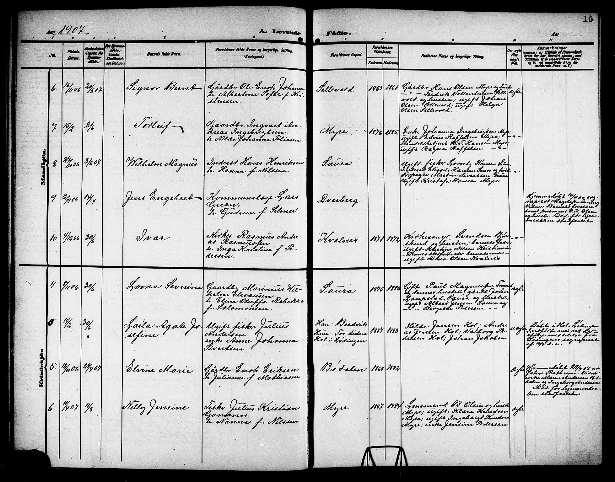 Ministerialprotokoller, klokkerbøker og fødselsregistre - Nordland, AV/SAT-A-1459/897/L1414: Parish register (copy) no. 897C04, 1904-1915, p. 15