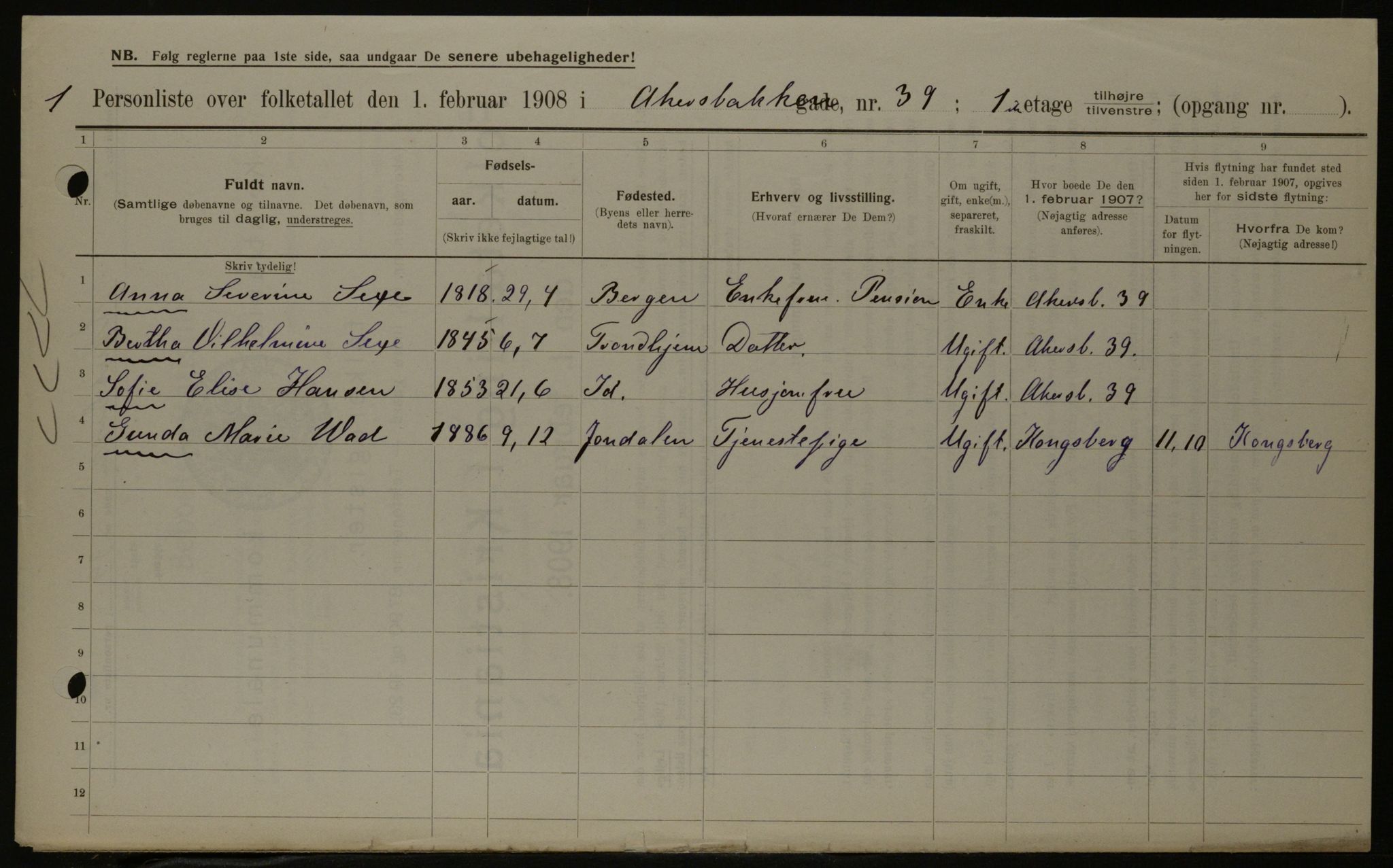 OBA, Municipal Census 1908 for Kristiania, 1908, p. 304