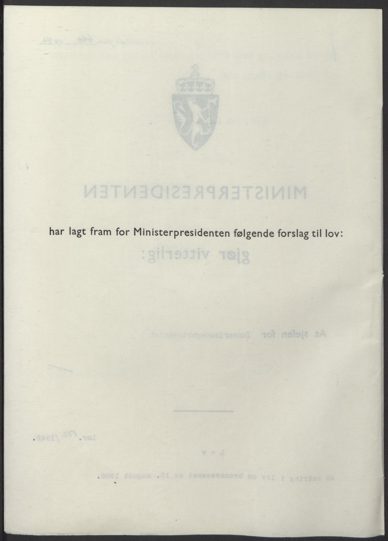 NS-administrasjonen 1940-1945 (Statsrådsekretariatet, de kommisariske statsråder mm), RA/S-4279/D/Db/L0098: Lover II, 1942, p. 277