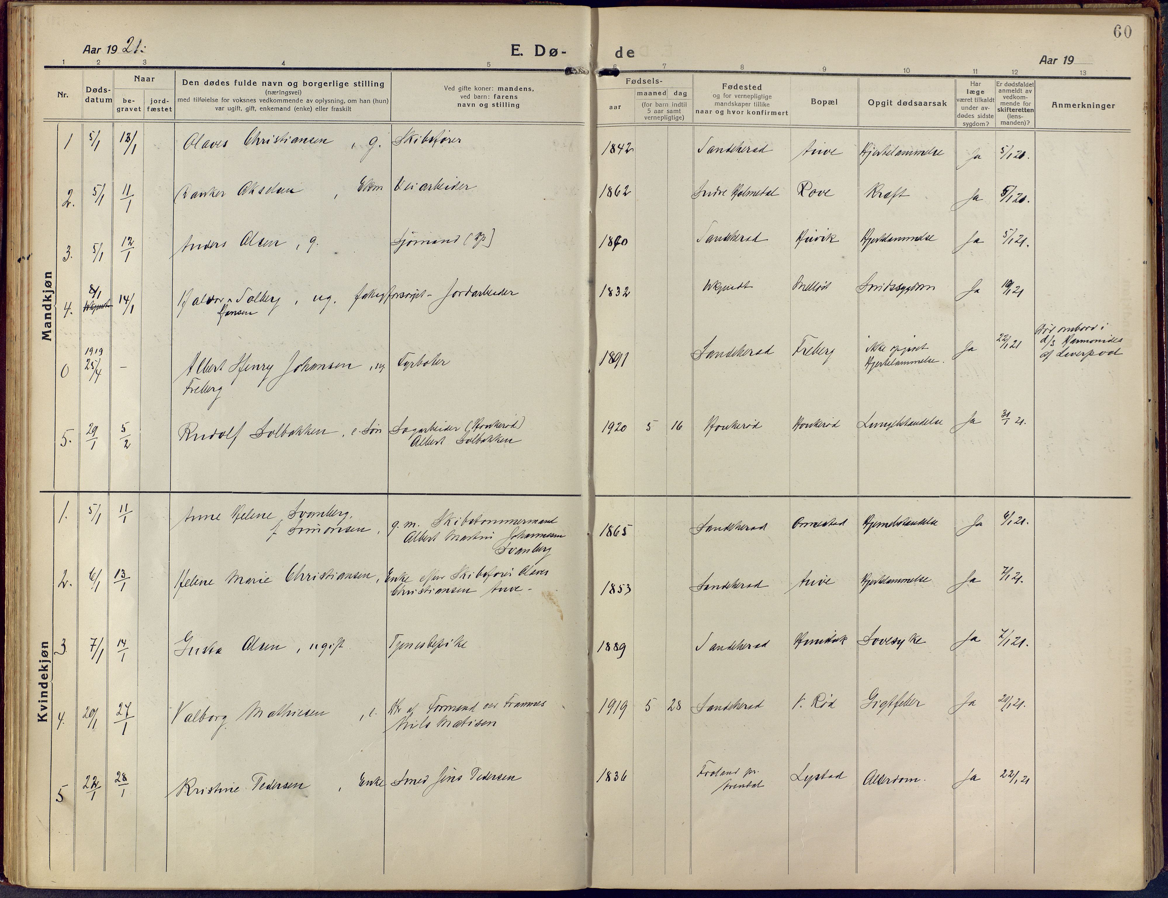 Sandar kirkebøker, SAKO/A-243/F/Fa/L0021: Parish register (official) no. 21, 1919-1925, p. 60