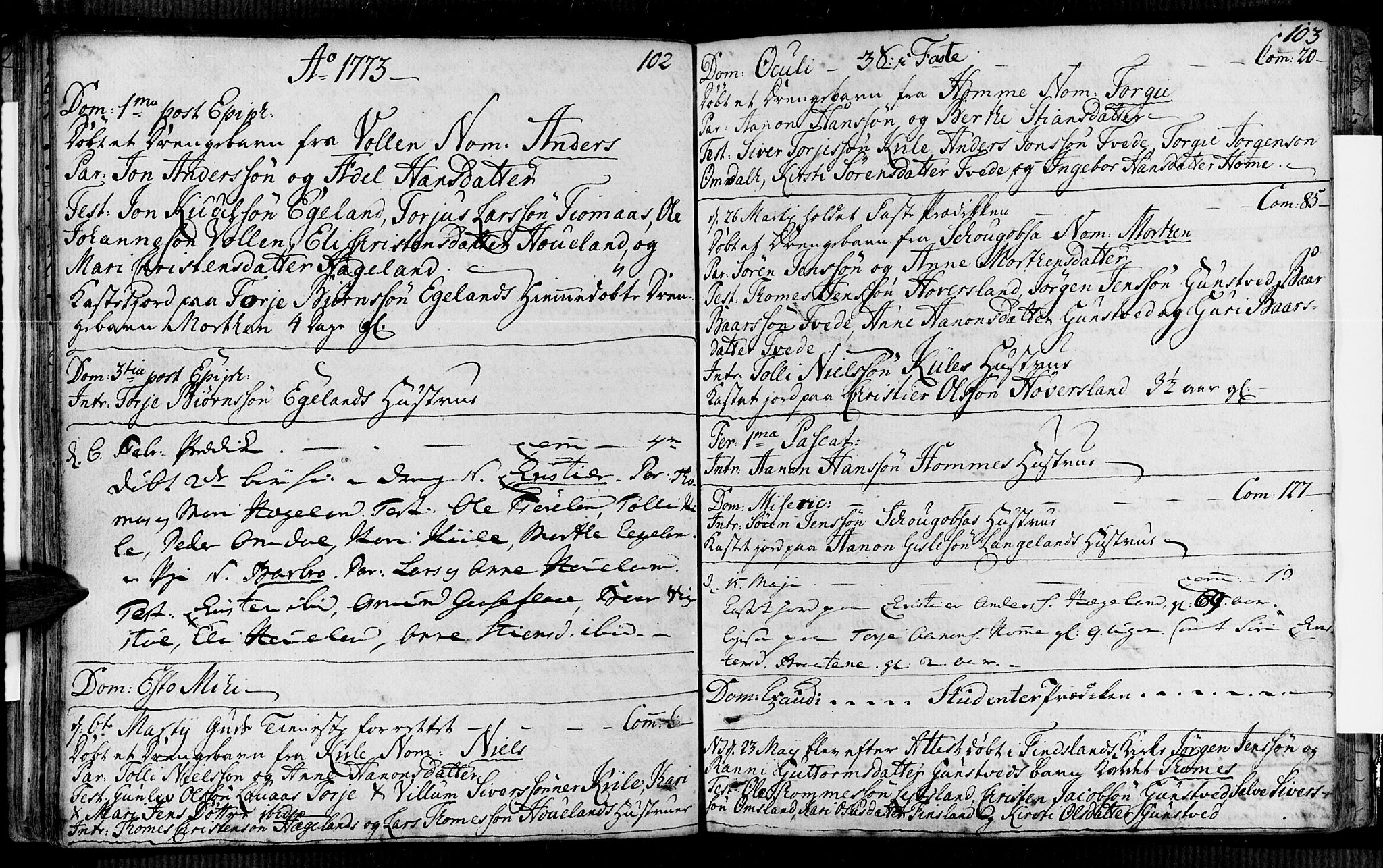 Vennesla sokneprestkontor, SAK/1111-0045/Fa/Faa/L0001: Parish register (official) no. A 1, 1753-1785, p. 102-103