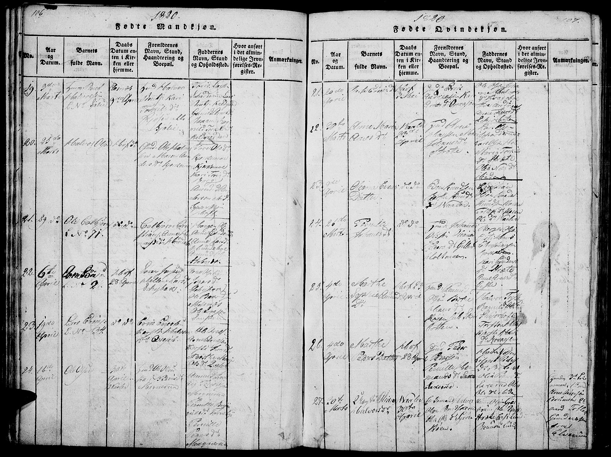 Hof prestekontor, AV/SAH-PREST-038/H/Ha/Haa/L0005: Parish register (official) no. 5, 1816-1822, p. 106-107