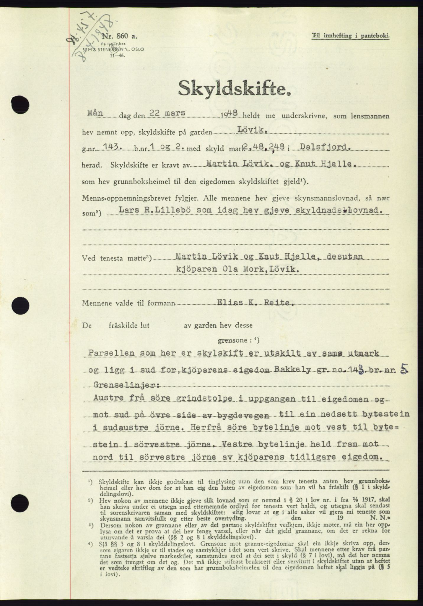 Søre Sunnmøre sorenskriveri, AV/SAT-A-4122/1/2/2C/L0082: Mortgage book no. 8A, 1948-1948, Diary no: : 457/1948