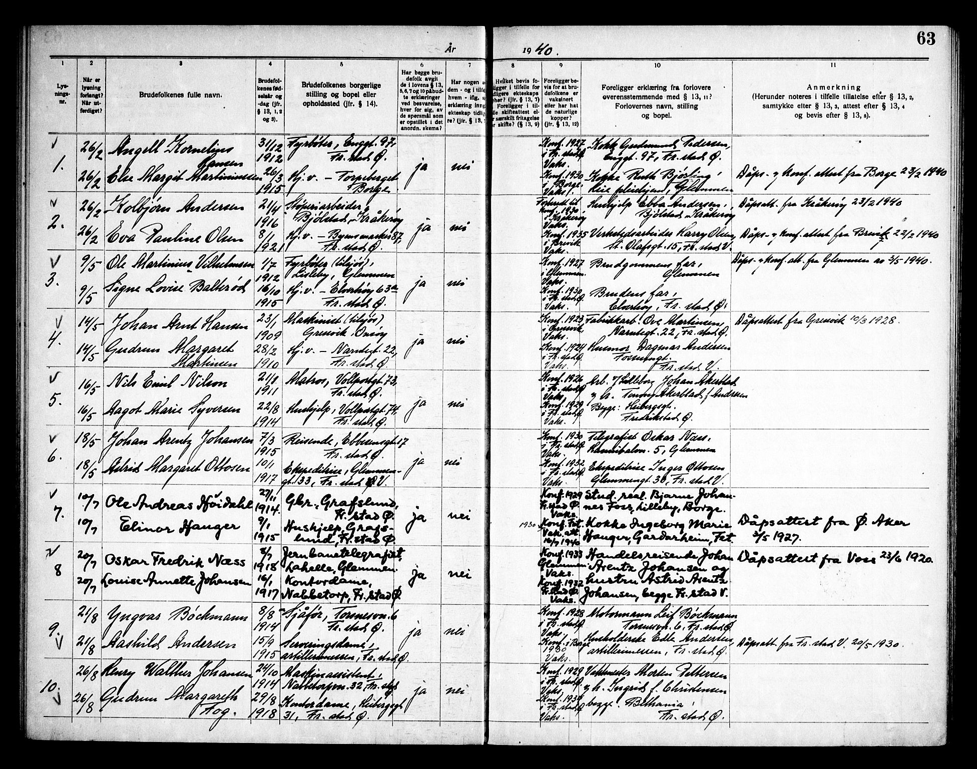 Østre Fredrikstad prestekontor Kirkebøker, AV/SAO-A-10907/H/Ha/L0001: Banns register no. 1, 1919-1951, p. 63