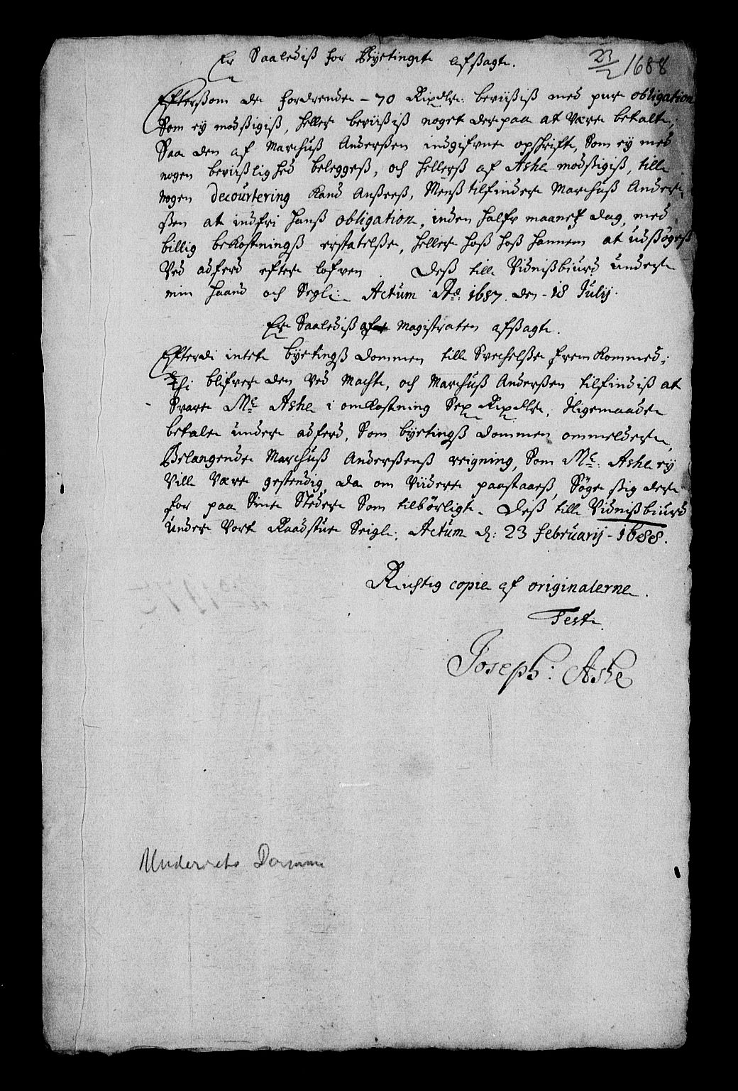 Stattholderembetet 1572-1771, AV/RA-EA-2870/Af/L0002: Avskrifter av vedlegg til originale supplikker, nummerert i samsvar med supplikkbøkene, 1687-1689, p. 105