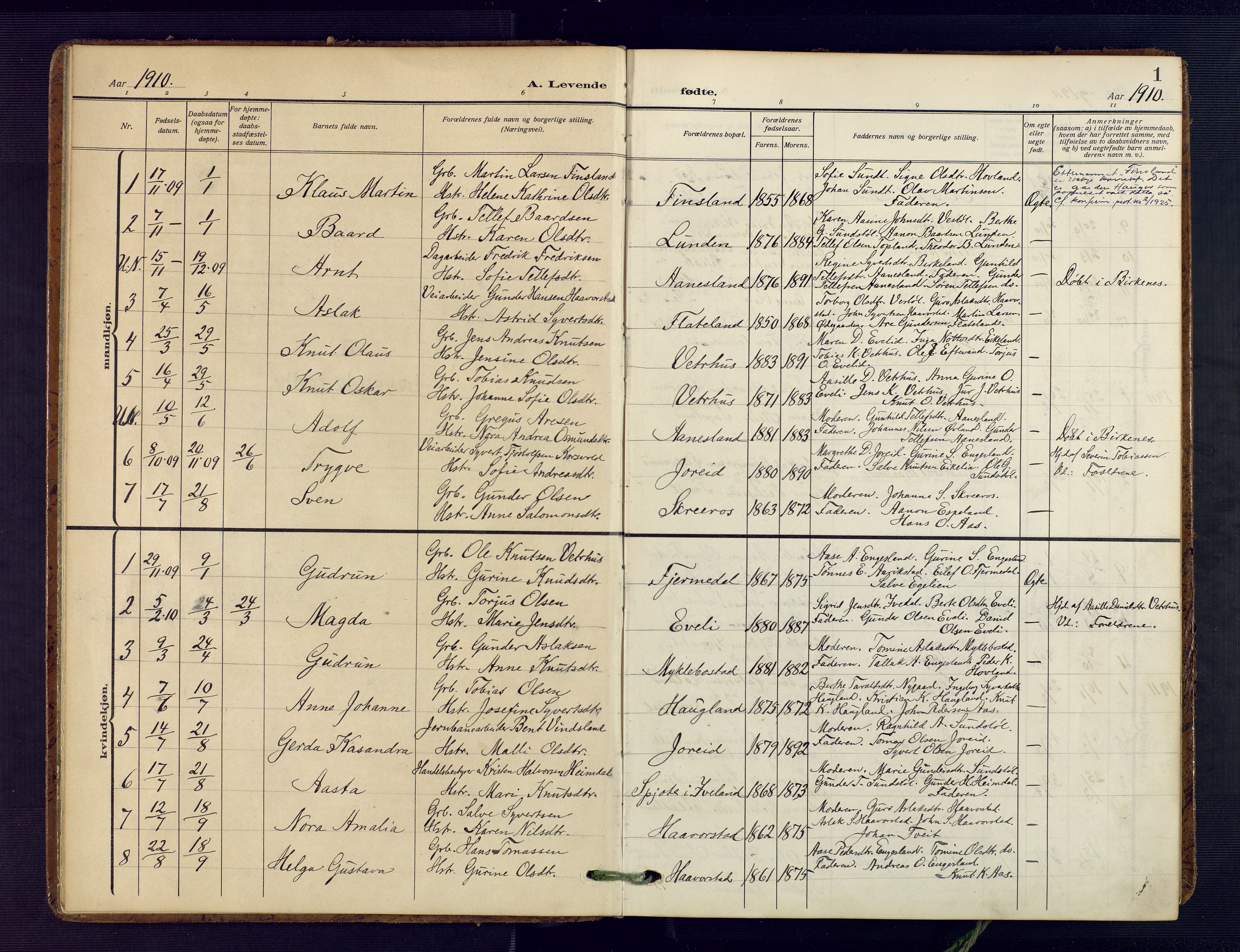 Herefoss sokneprestkontor, SAK/1111-0019/F/Fa/Fab/L0005: Parish register (official) no. A 5, 1910-1932, p. 1