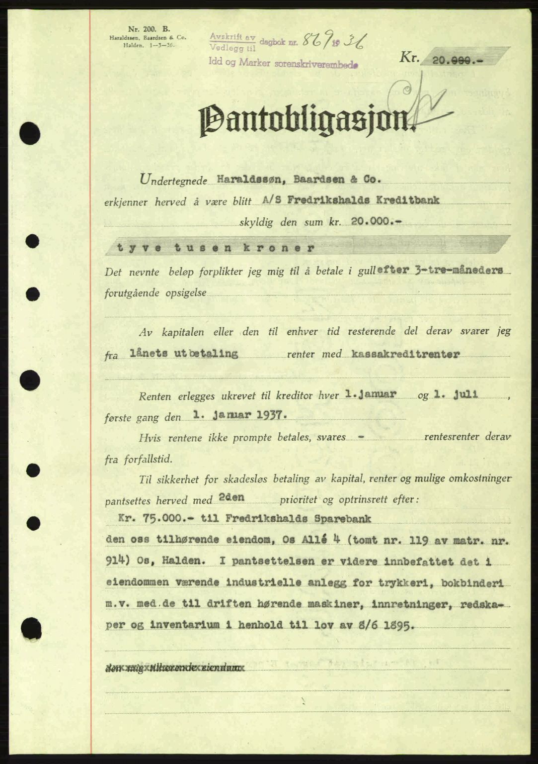 Idd og Marker sorenskriveri, AV/SAO-A-10283/G/Gb/Gbc/L0001: Mortgage book no. B1-3, 1936-1939, Diary no: : 869/1936