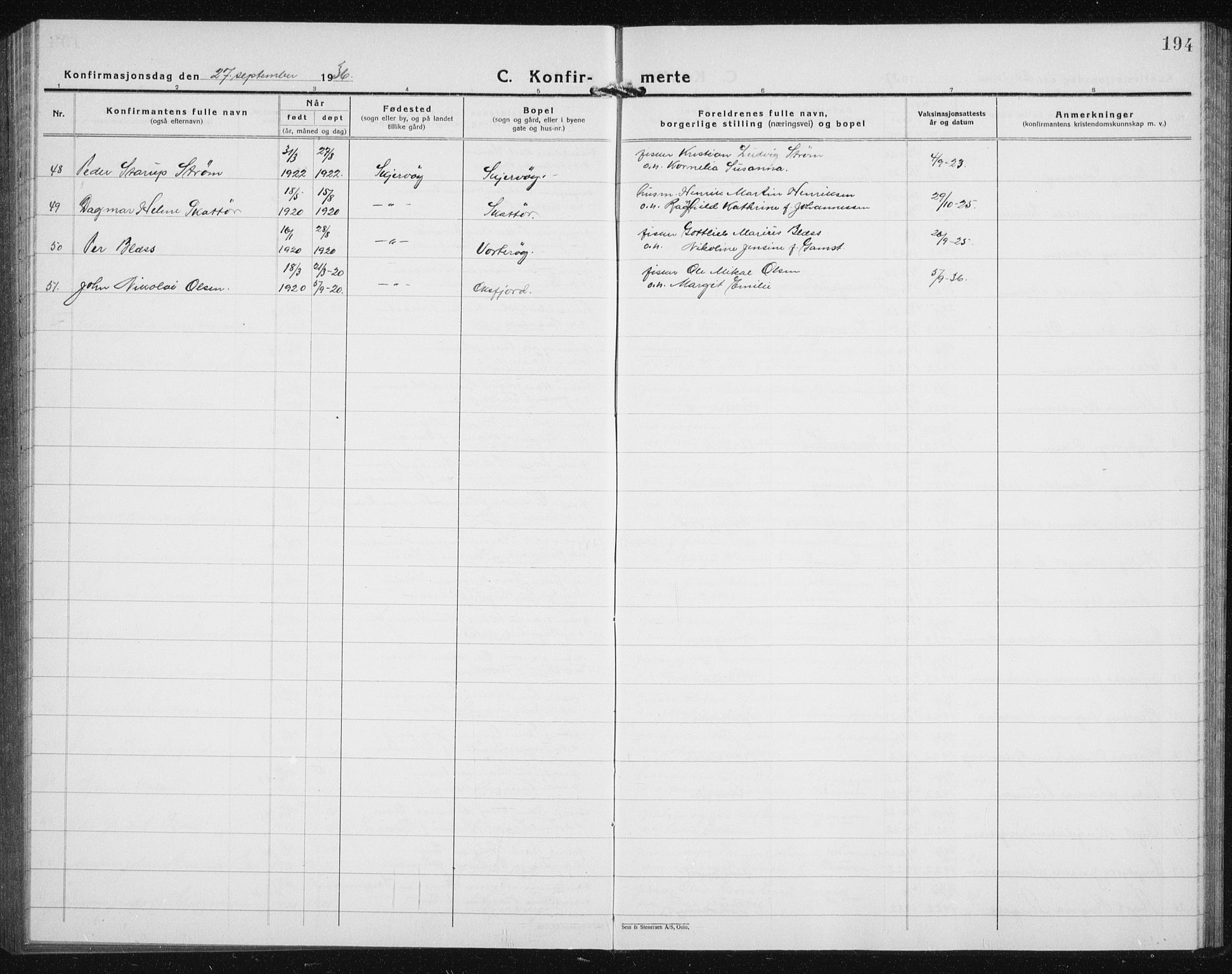 Skjervøy sokneprestkontor, AV/SATØ-S-1300/H/Ha/Hab/L0010klokker: Parish register (copy) no. 10, 1927-1941, p. 194