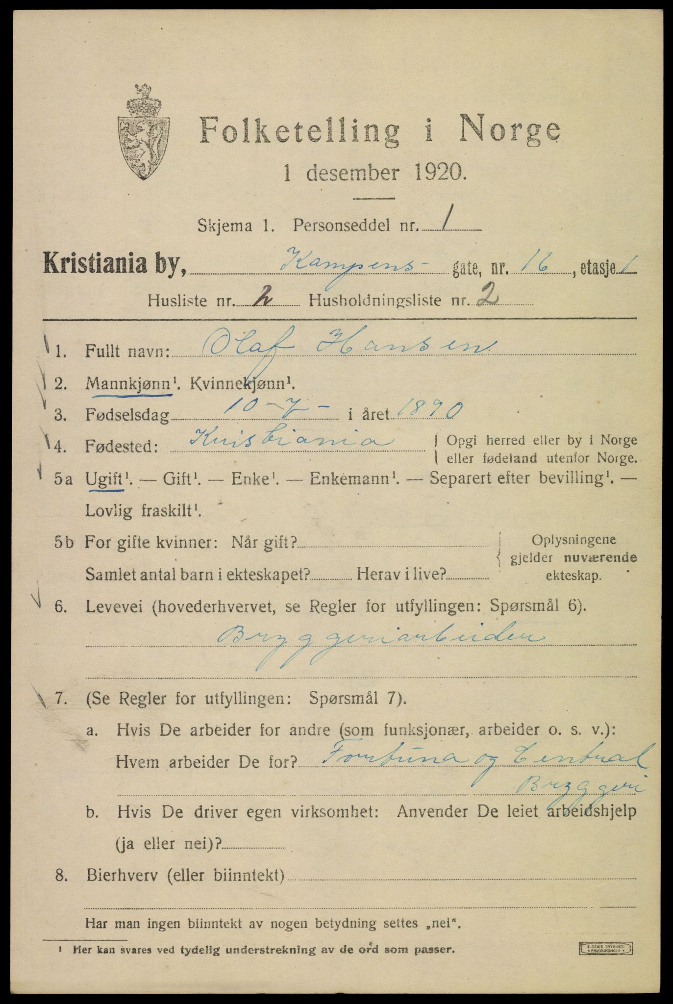 SAO, 1920 census for Kristiania, 1920, p. 325999