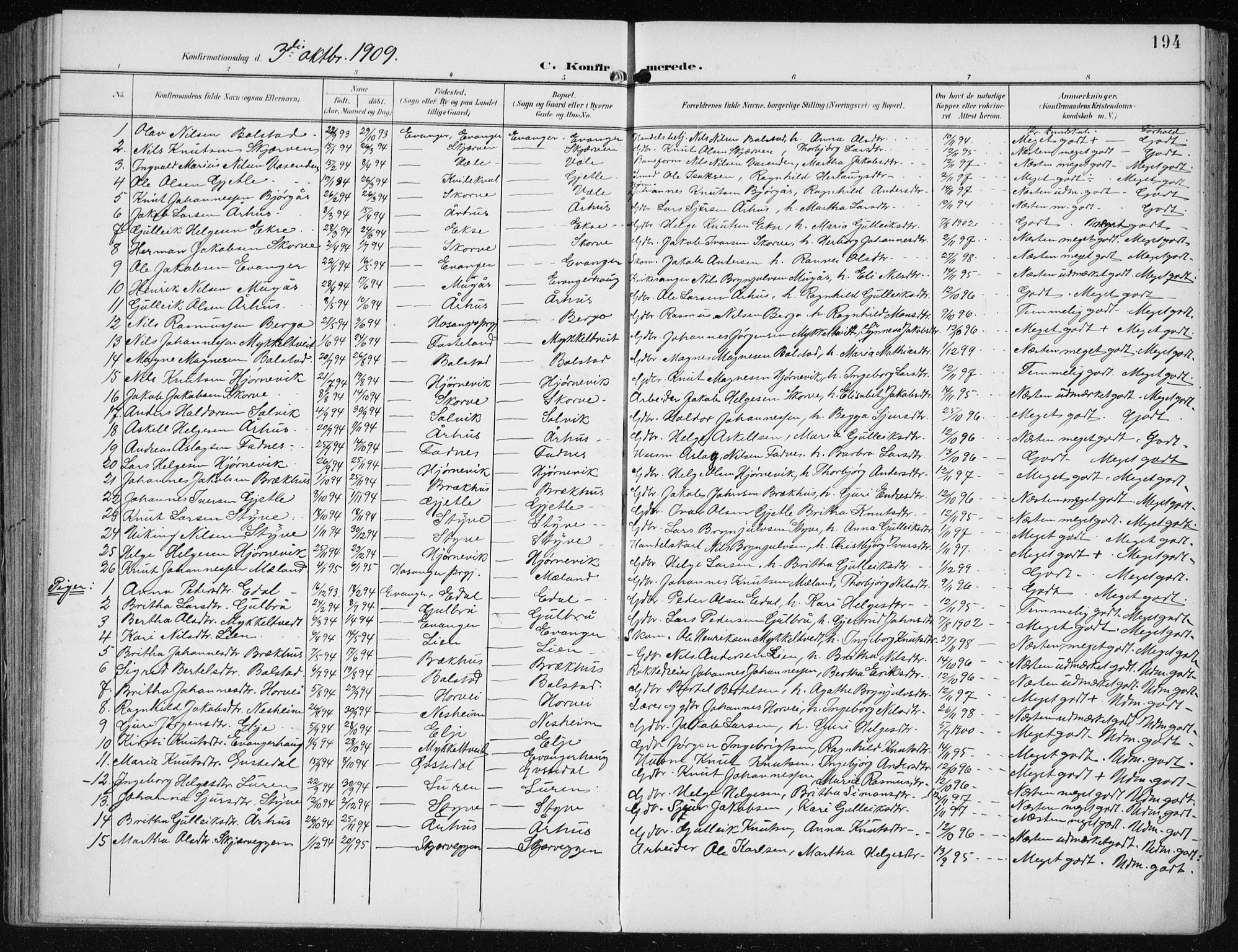 Evanger sokneprestembete, SAB/A-99924: Parish register (official) no. A  3, 1900-1930, p. 194