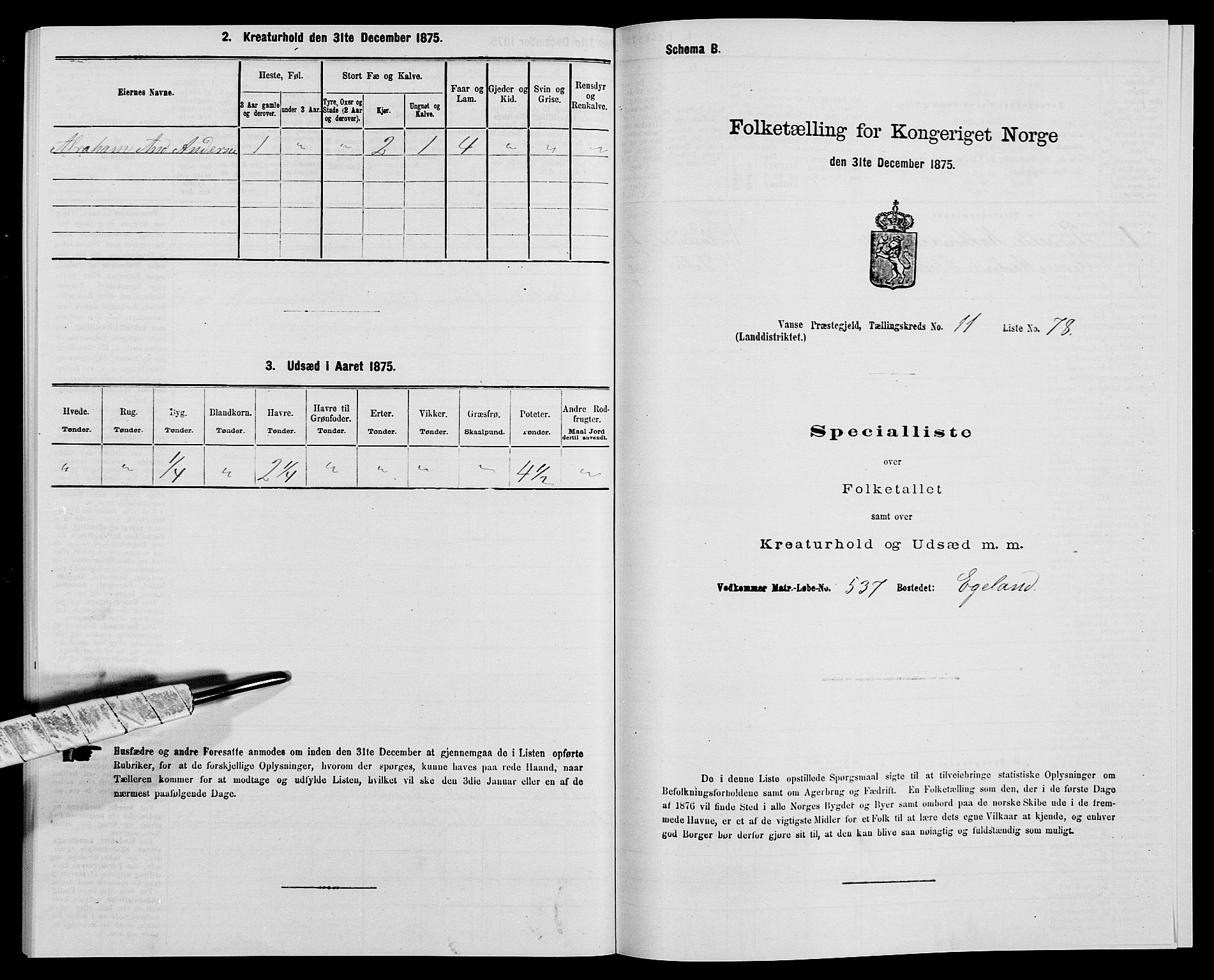 SAK, 1875 census for 1041L Vanse/Vanse og Farsund, 1875, p. 2144