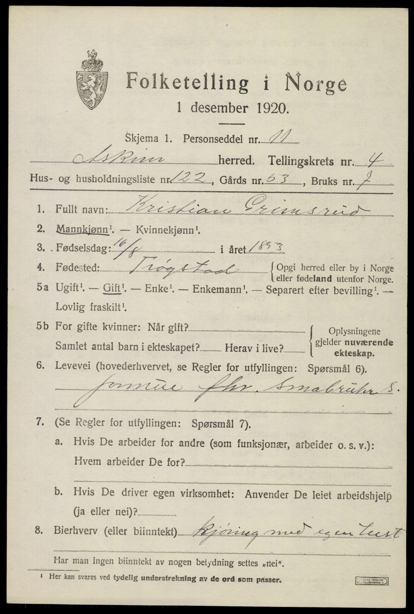 SAO, 1920 census for Askim, 1920, p. 9467