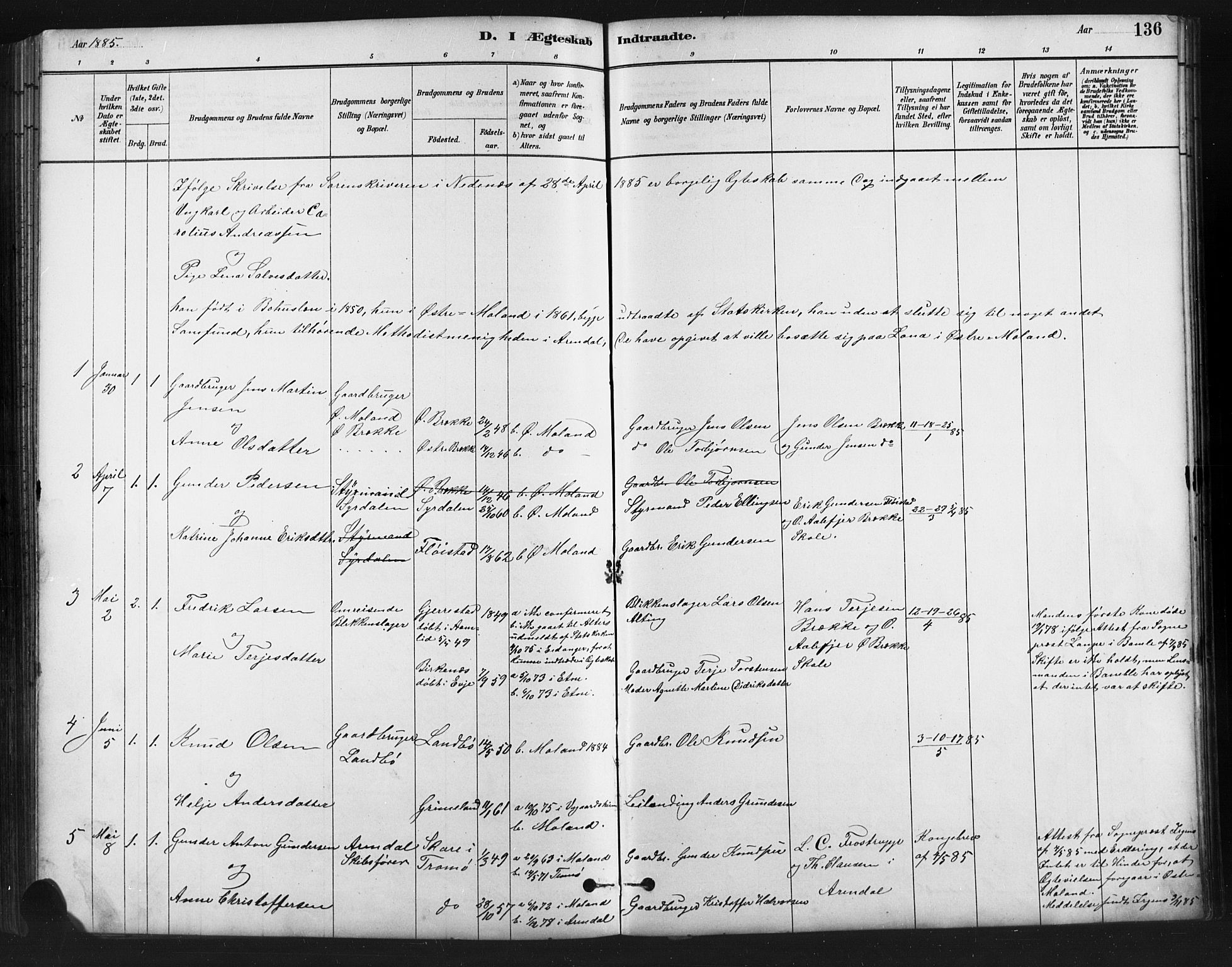 Austre Moland sokneprestkontor, AV/SAK-1111-0001/F/Fb/Fba/L0003: Parish register (copy) no. B 3, 1879-1914, p. 136