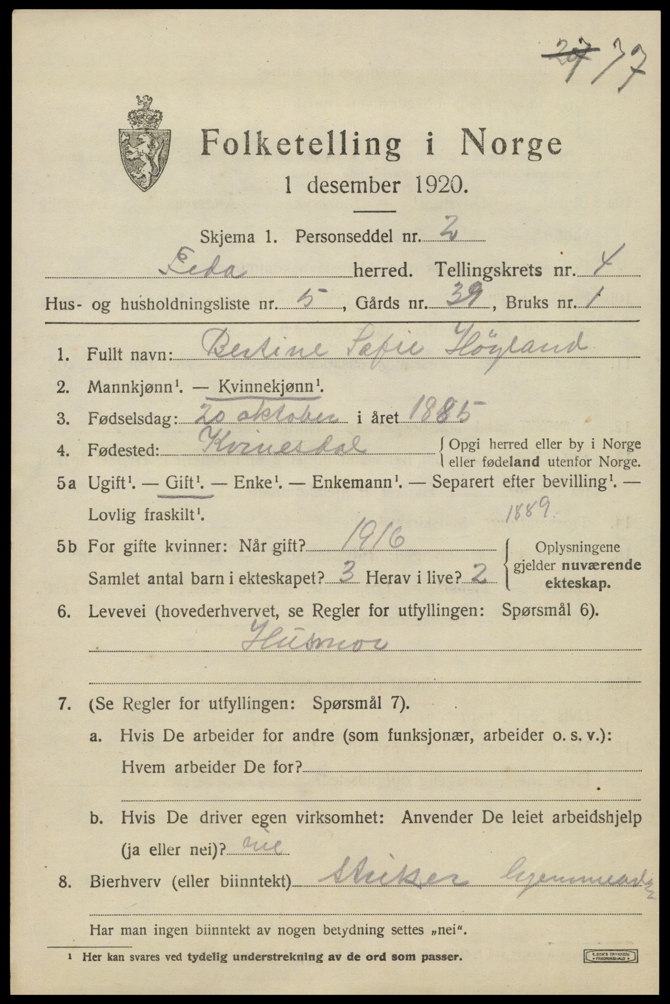 SAK, 1920 census for Feda, 1920, p. 1865